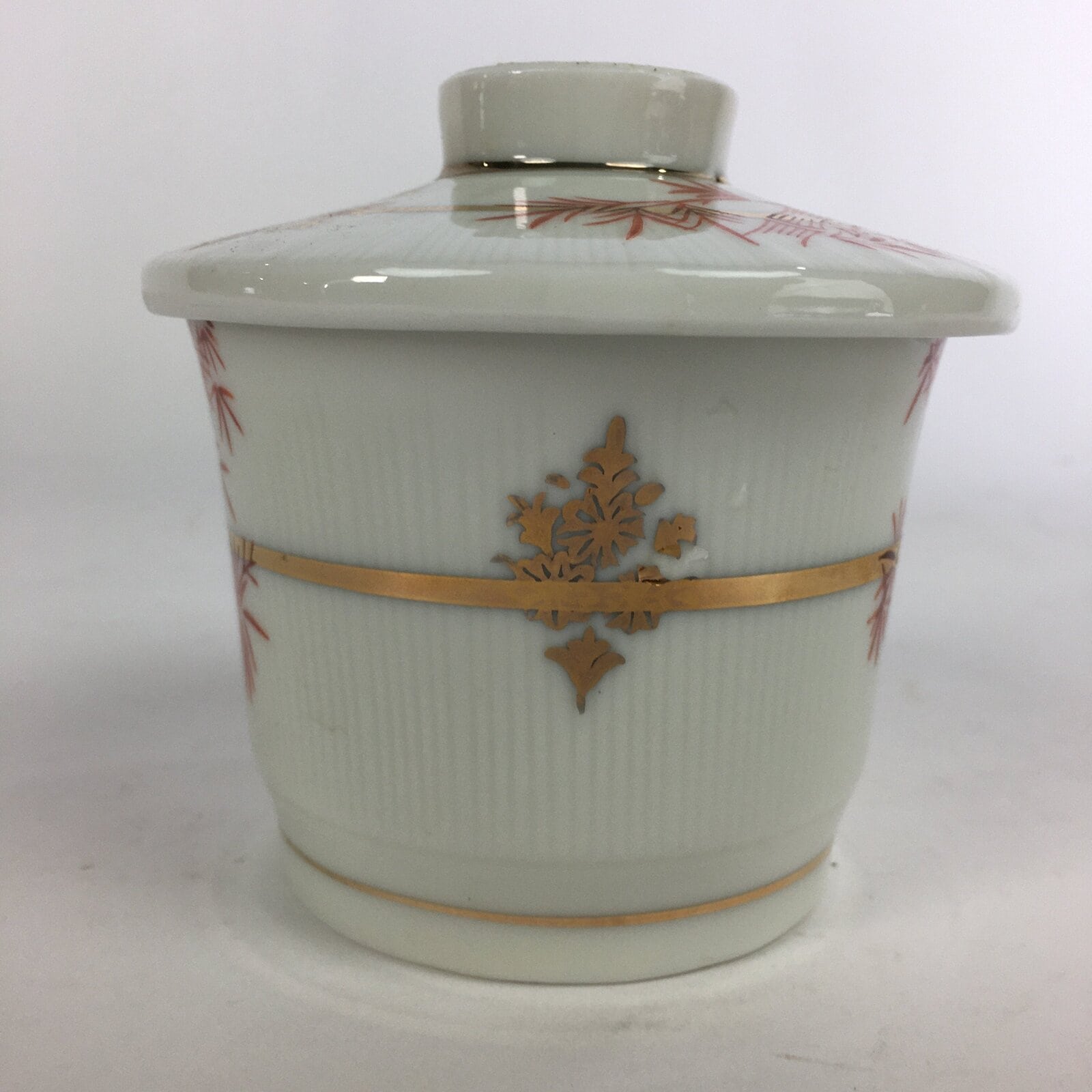 Japanese Porcelain Lidded Soup Bowl Cup Vtg Chawanmushi Red Bamboo PP526