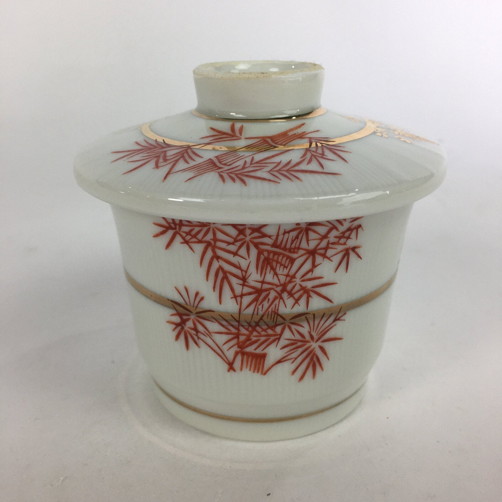Japanese Porcelain Lidded Soup Bowl Cup Vtg Chawanmushi Red Bamboo PP531