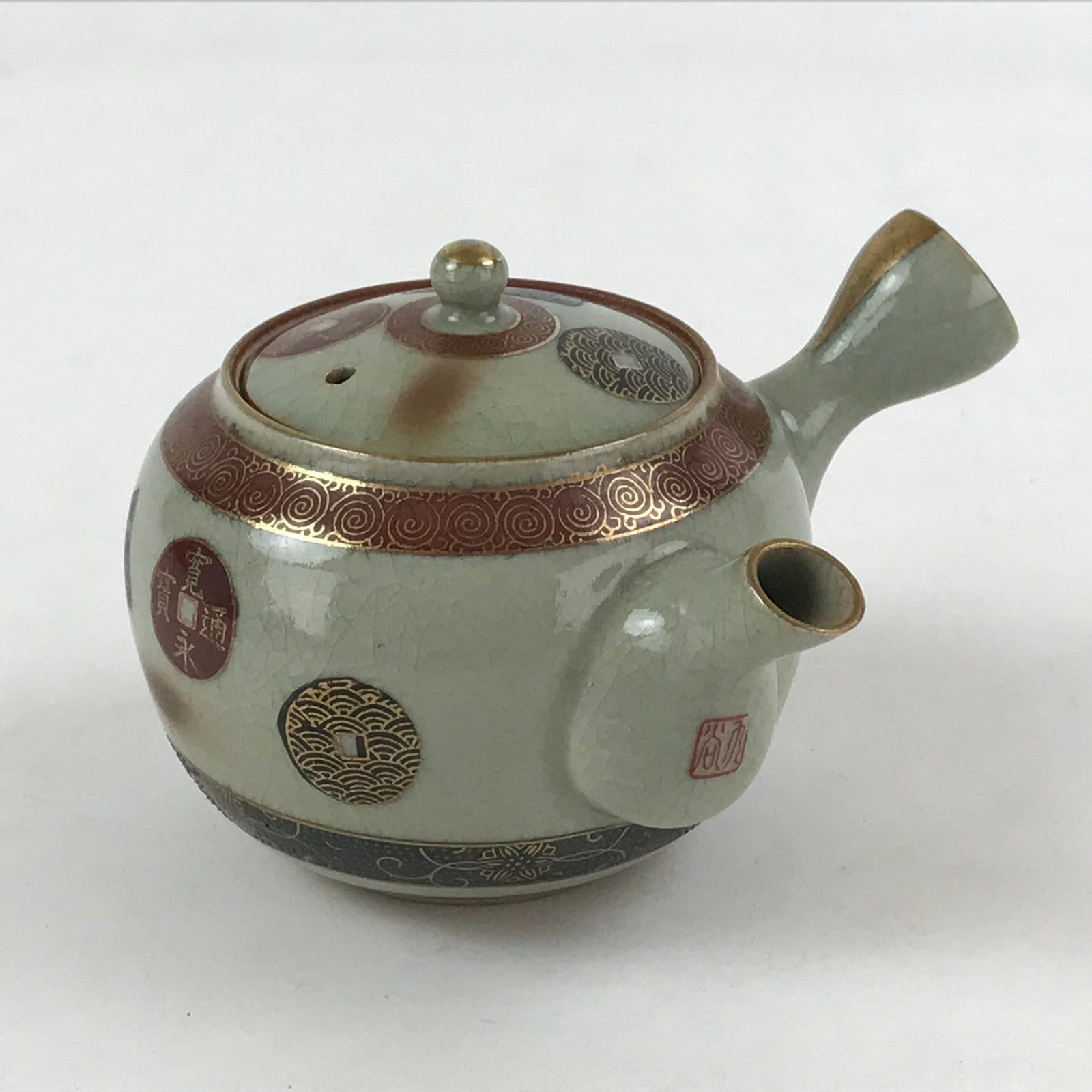 Japanese Porcelain Lidded Teapot Vtg Kyusu Light Green Crackle Glaze PY493