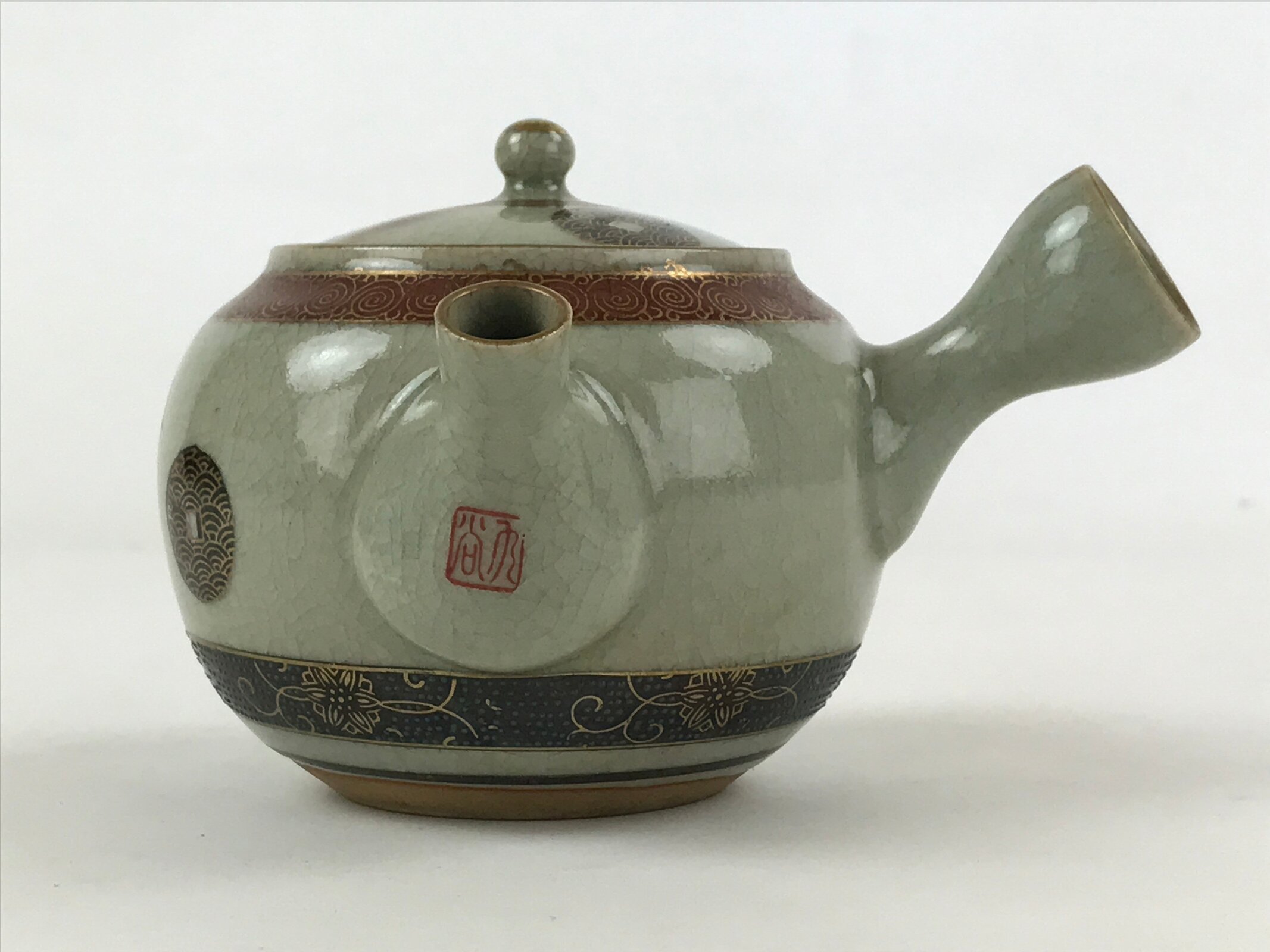 Japanese Porcelain Lidded Teapot Vtg Kyusu Light Green Crackle Glaze PY493