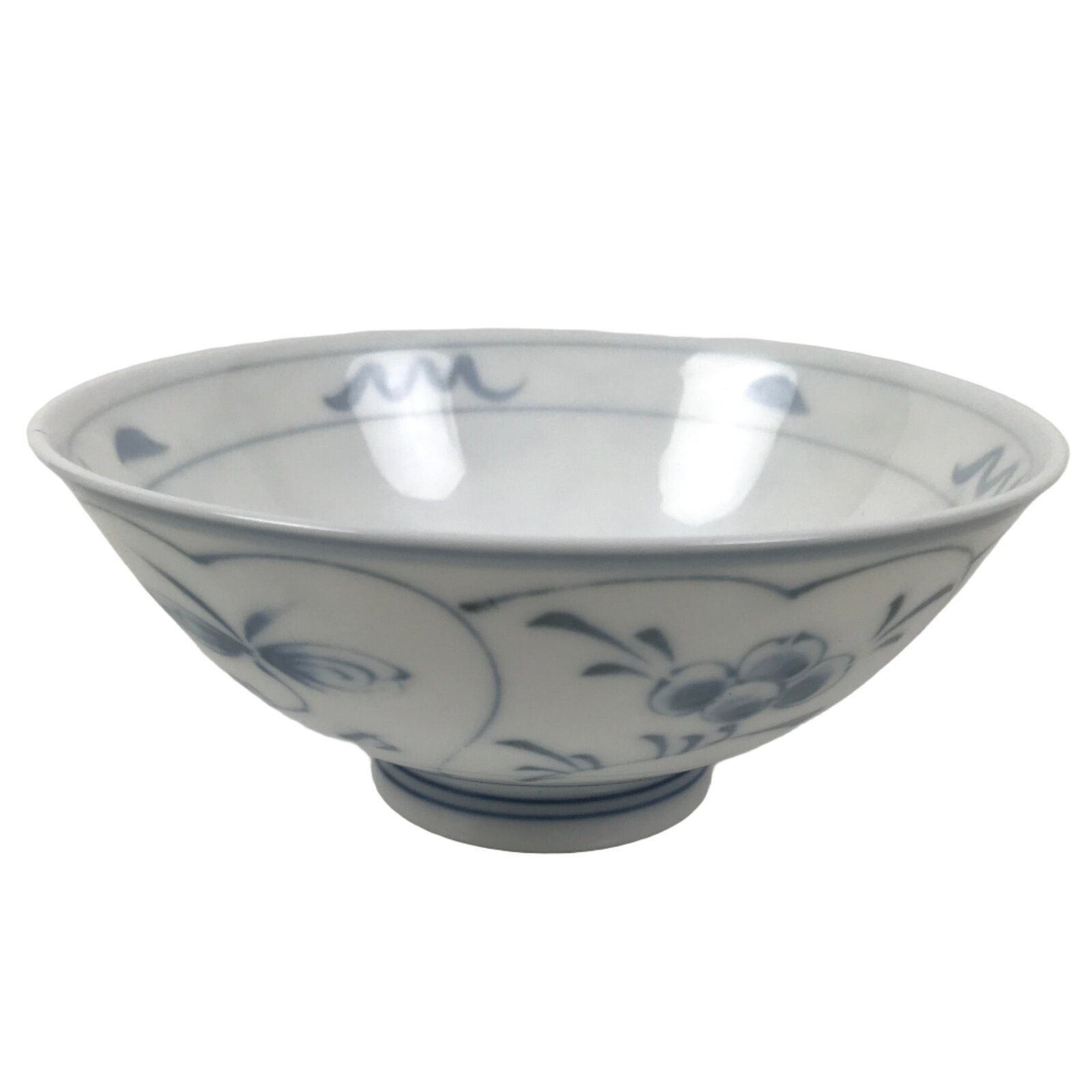 Japanese Porcelain Mino Ware Rice Bowl Chawan Vtg White Blue Plant Vine Tea Y493