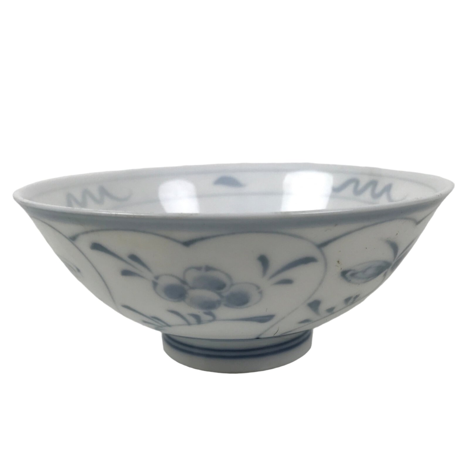 Japanese Porcelain Mino Ware Rice Bowl Chawan Vtg White Blue Plant Vine Tea Y495