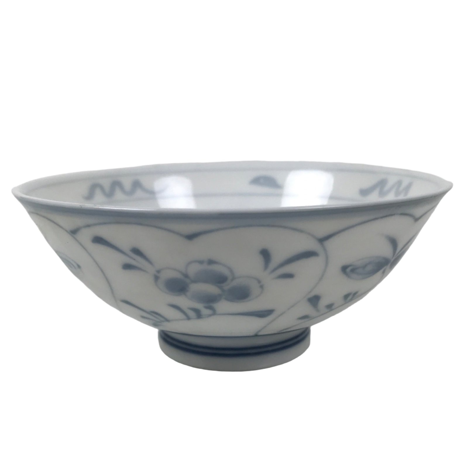 Japanese Porcelain Mino Ware Rice Bowl Chawan Vtg White Blue Plant Vine Tea Y496