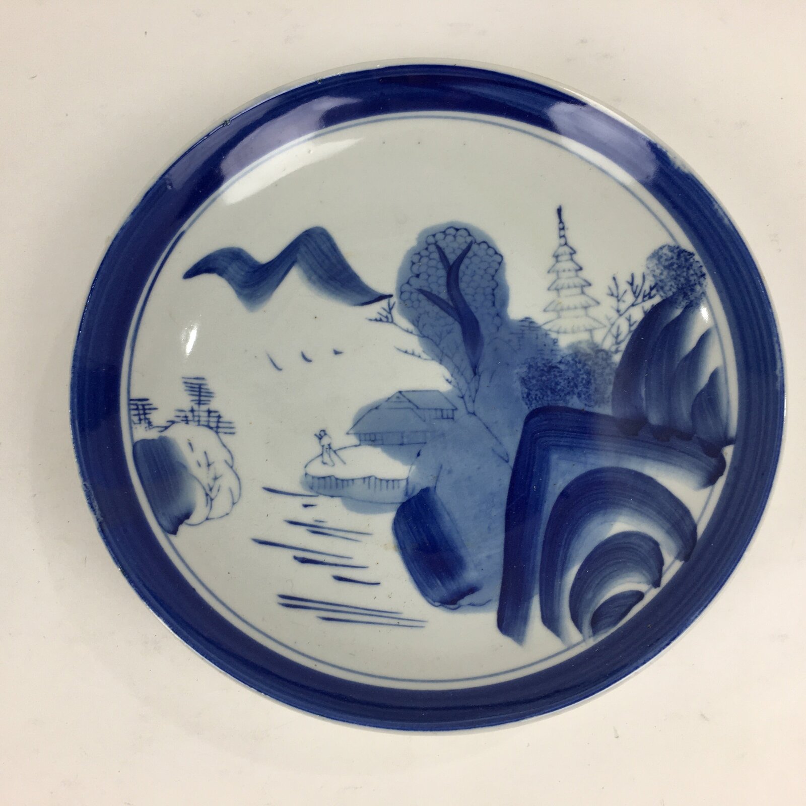 Japanese Porcelain Plate Vtg Blue Sometsuke Five-storied tower Round Sara PP7858