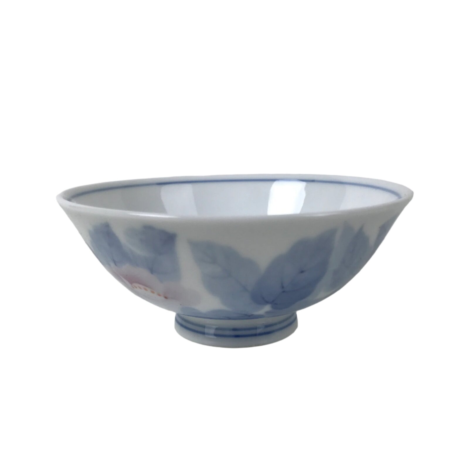 Japanese Porcelain Rice Bowl Owan Vtg Kobachi White Blue Leaf Peony Flower Y268