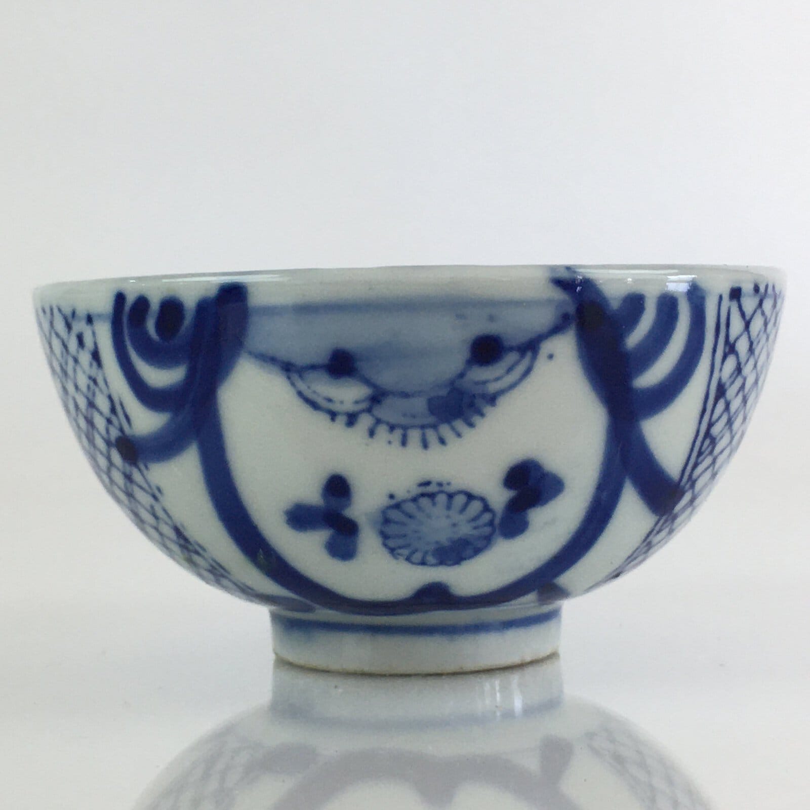 Japanese Porcelain Rice Bowl Vtg Blue White Hand Drawing Chawan PY118