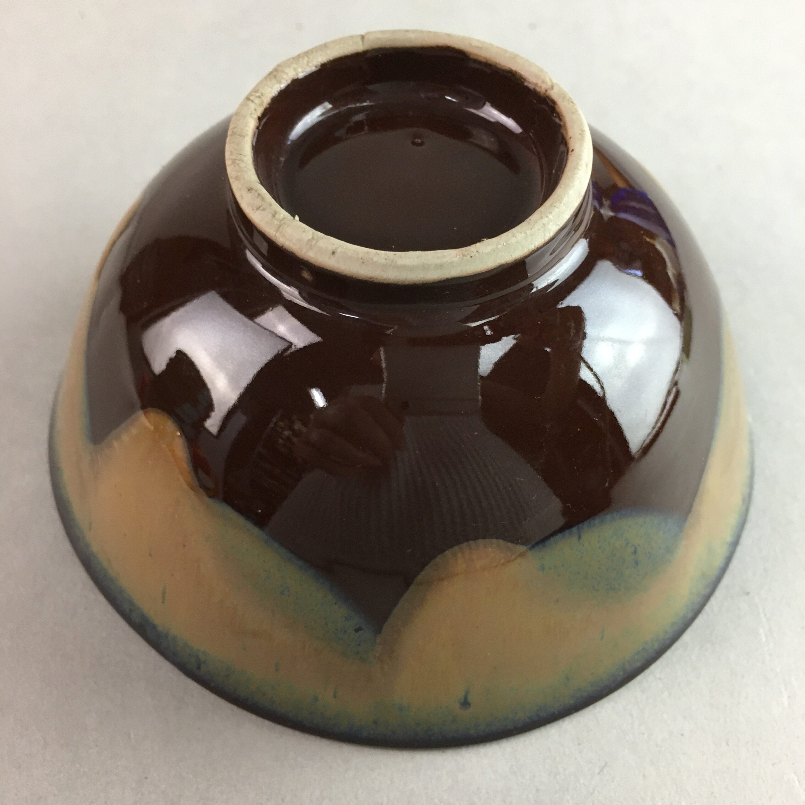 Japanese Porcelain Rice Bowl Vtg Chawan Brown Shiny Smooth Flowing Glaze PP298