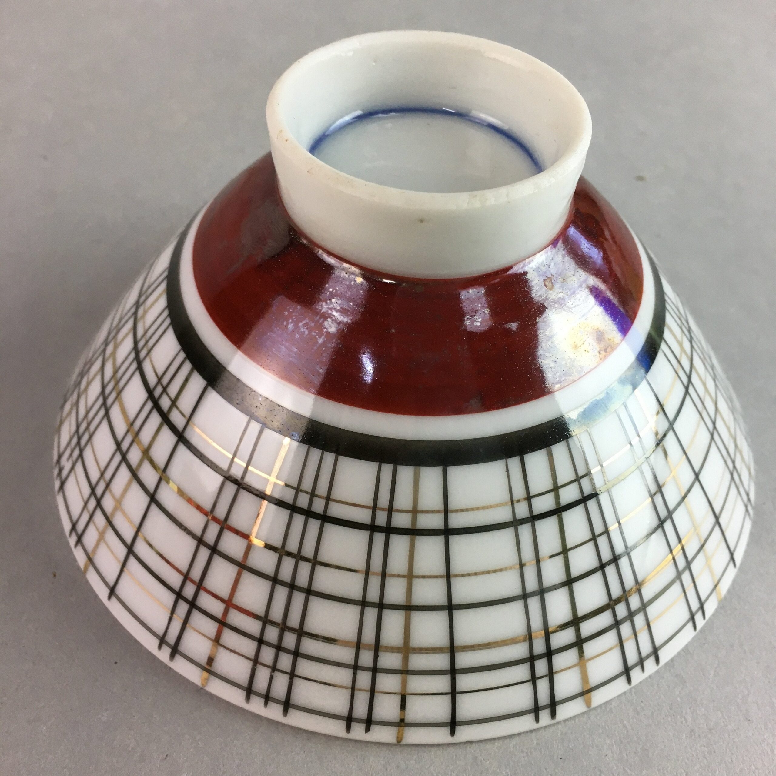 Japanese Porcelain Rice Bowl Vtg Chawan Plaid Black Gold Red PP286