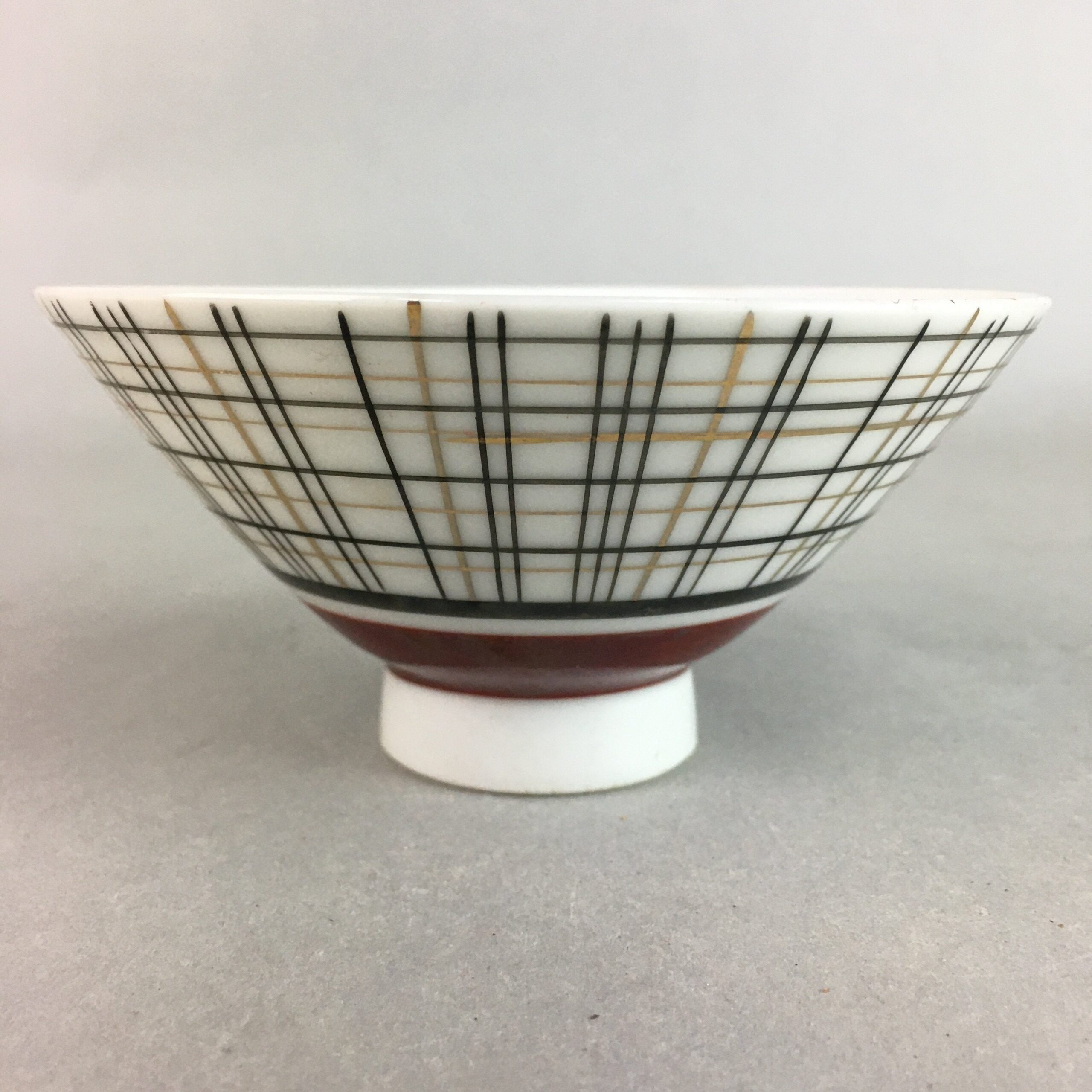 Japanese Porcelain Rice Bowl Vtg Chawan Plaid Black Gold Red PP286