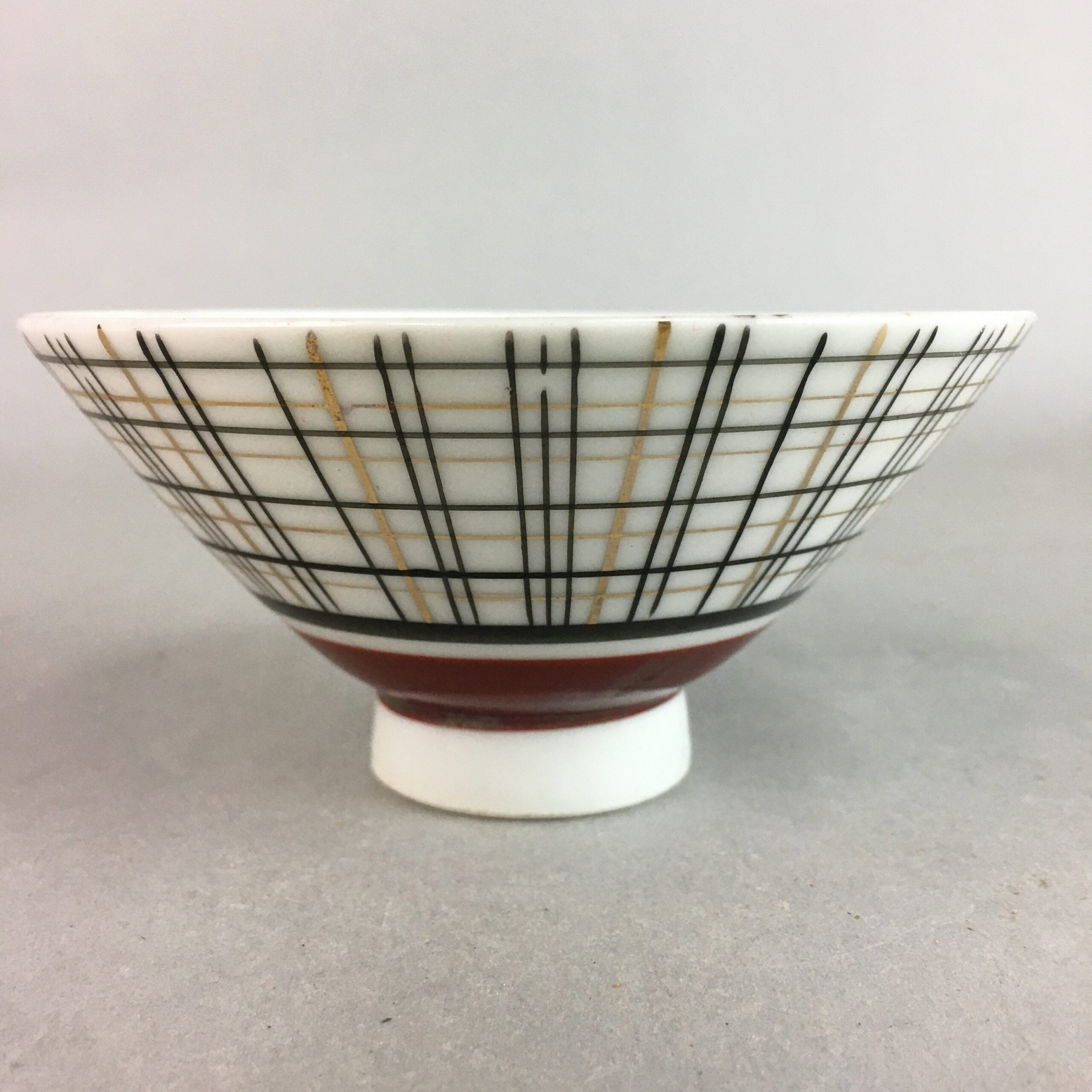 Japanese Porcelain Rice Bowl Vtg Chawan Plaid Black Gold Red PP286