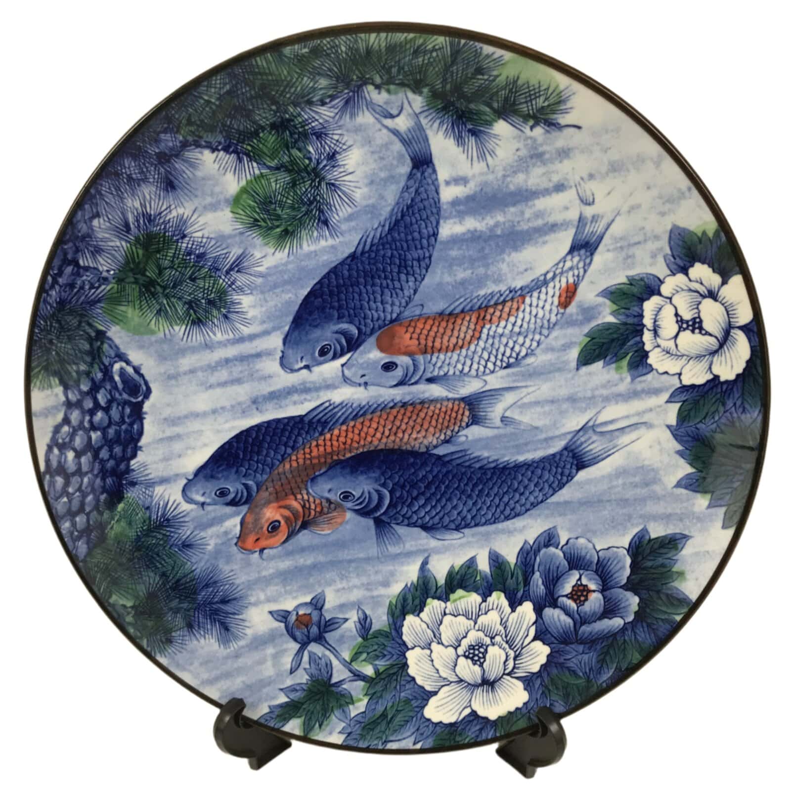 Japanese Porcelain Round Large Plate Vtg Chrysanthemum Carp Koi Fish Blue PX775