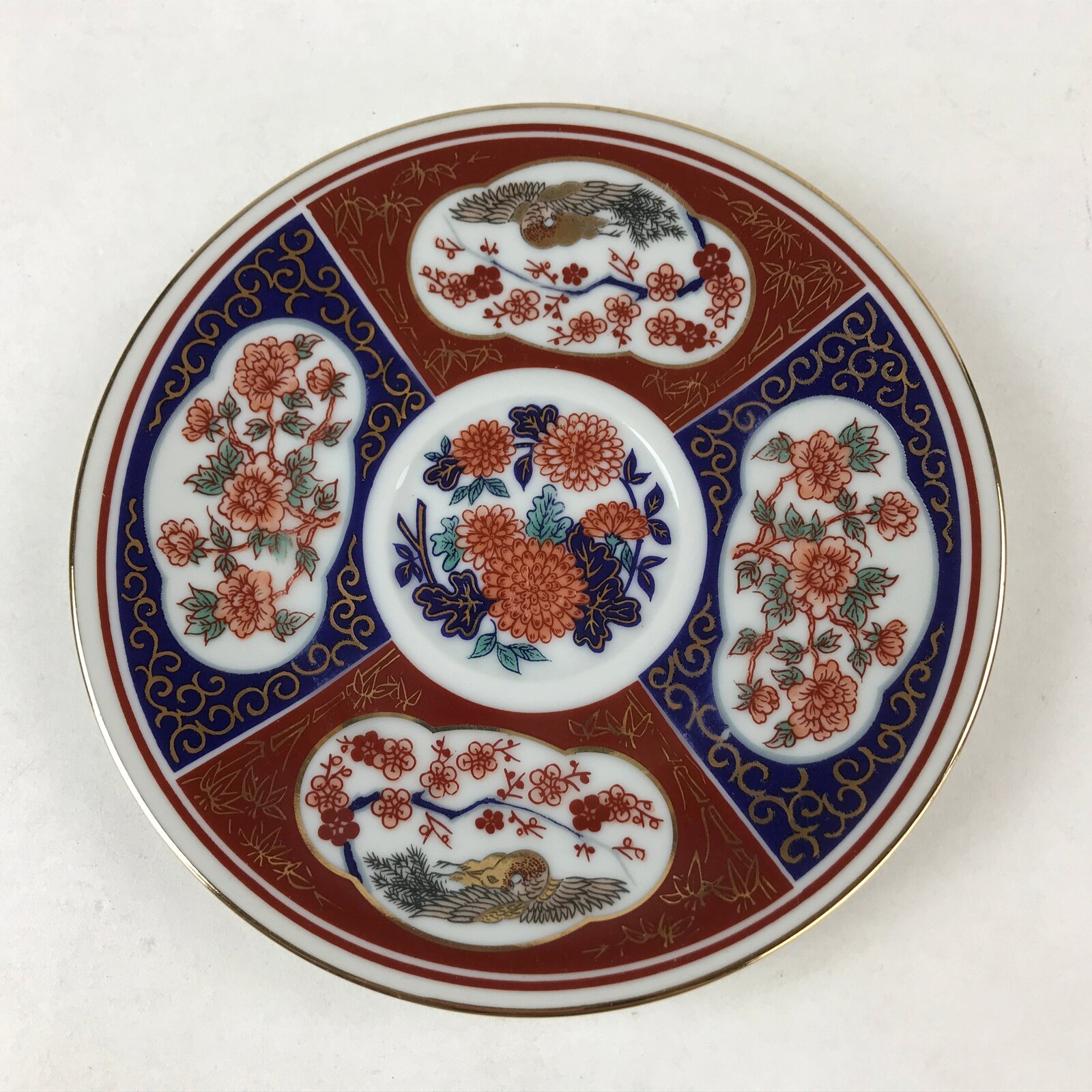 Japanese Porcelain Round Small Plate Vtg Kutani Imari Floral Red Blue Gold PY617