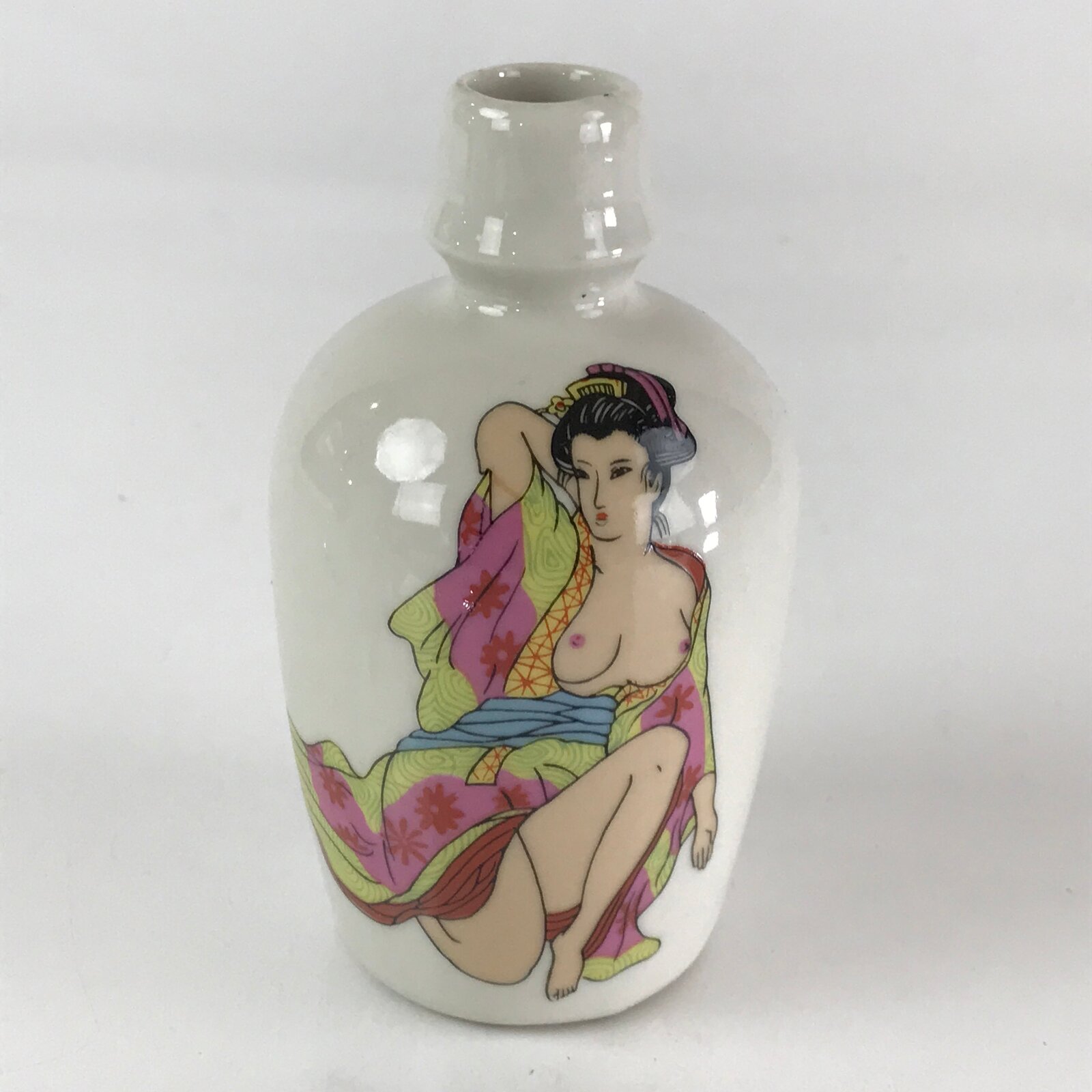 Japanese Porcelain Sake Bottle Pottery Naked Kimono Woman Tokkuri White TS468