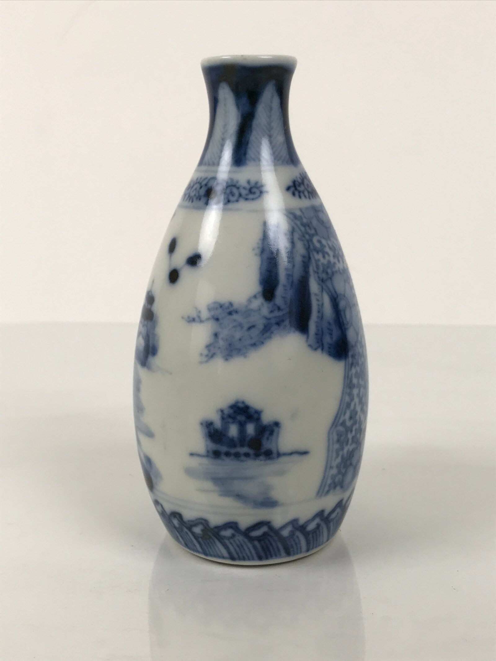 Japanese Porcelain Sake Bottle Tokkuri Blue White Kanji Poem Water Boat TS846