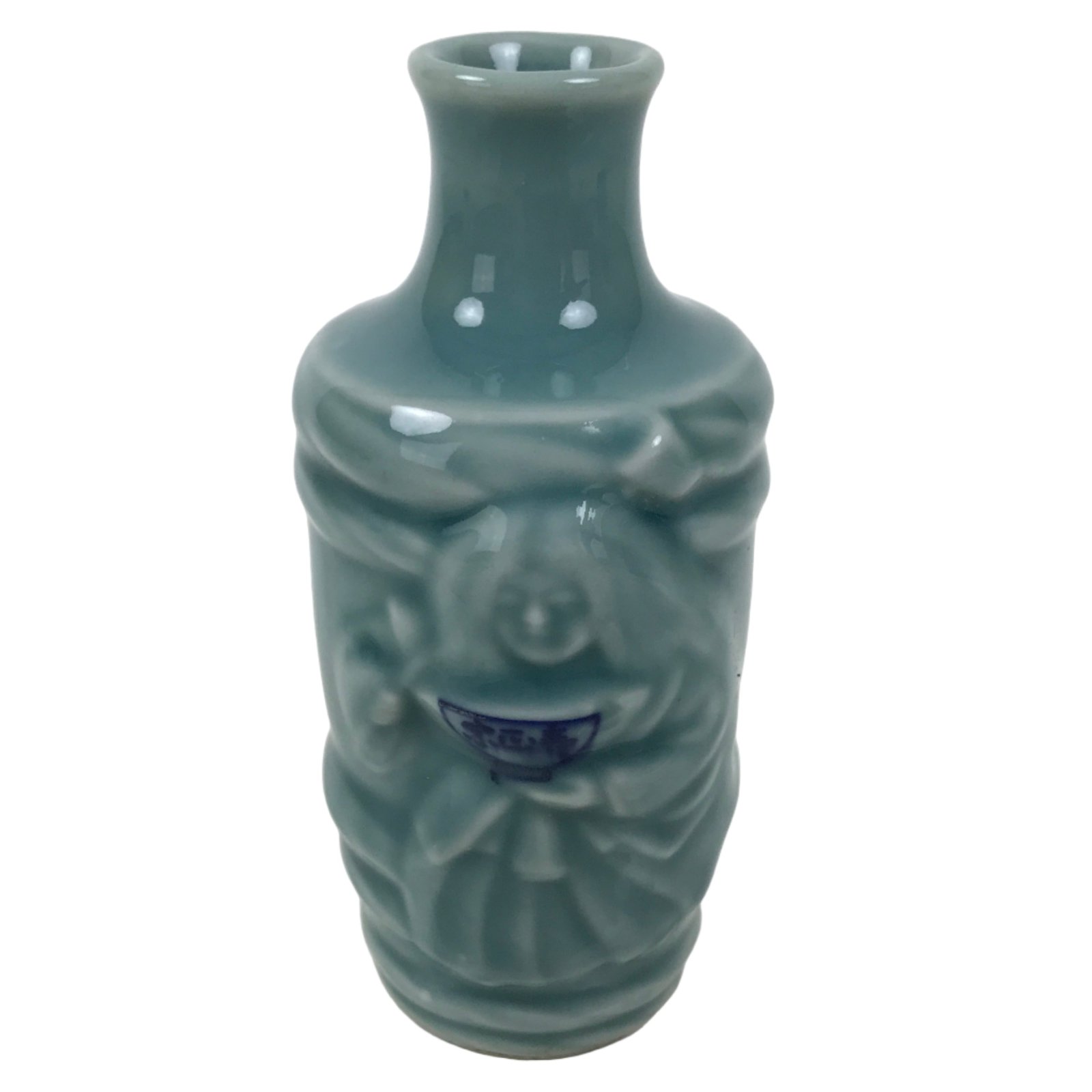 Japanese Porcelain Sake Bottle Tokkuri Vtg Celadon Blue Barrel Woman TS833