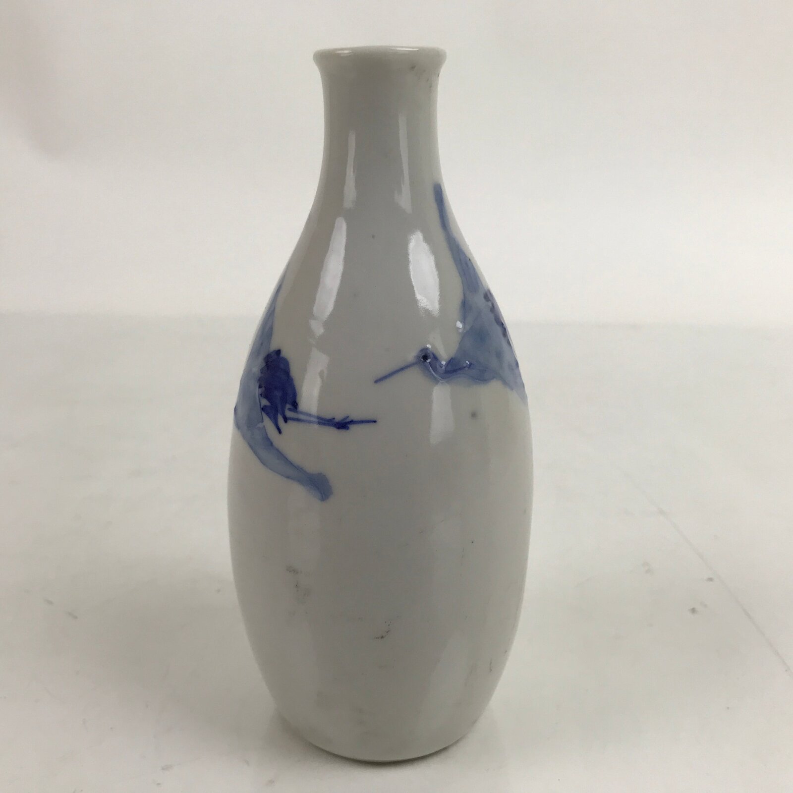 Japanese Porcelain Sake Bottle Tokkuri Vtg Tsuru Cranes White Blue TS728