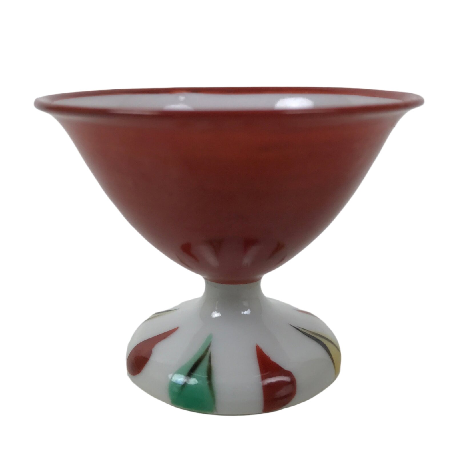 Japanese Porcelain Sake Cup Vtg Footed Ochoko Rappa Guinomi White Red Green G294
