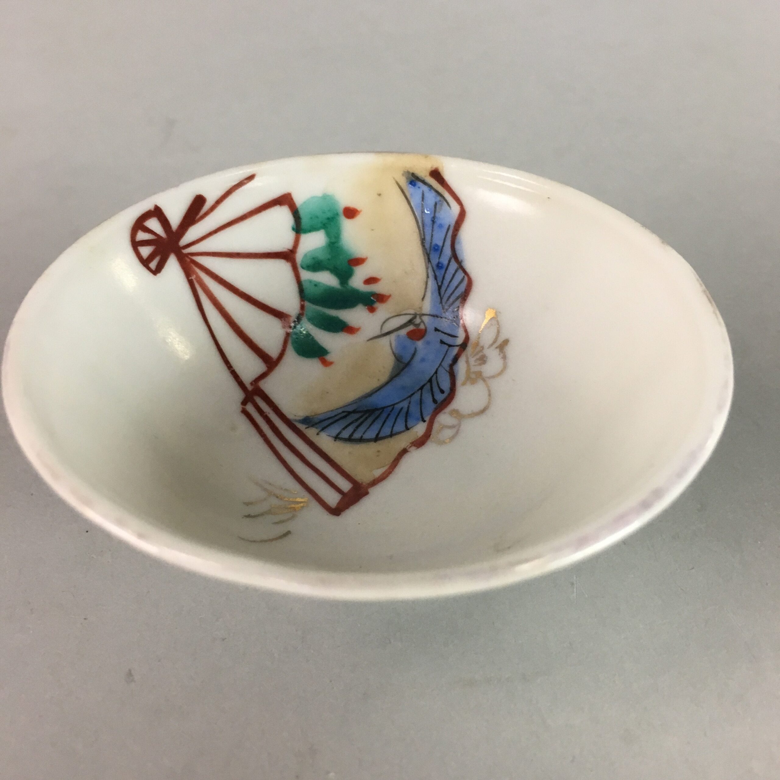 Japanese Porcelain Sake Cup Vtg Guinomi Sakazuki Folding Fan Design GU617