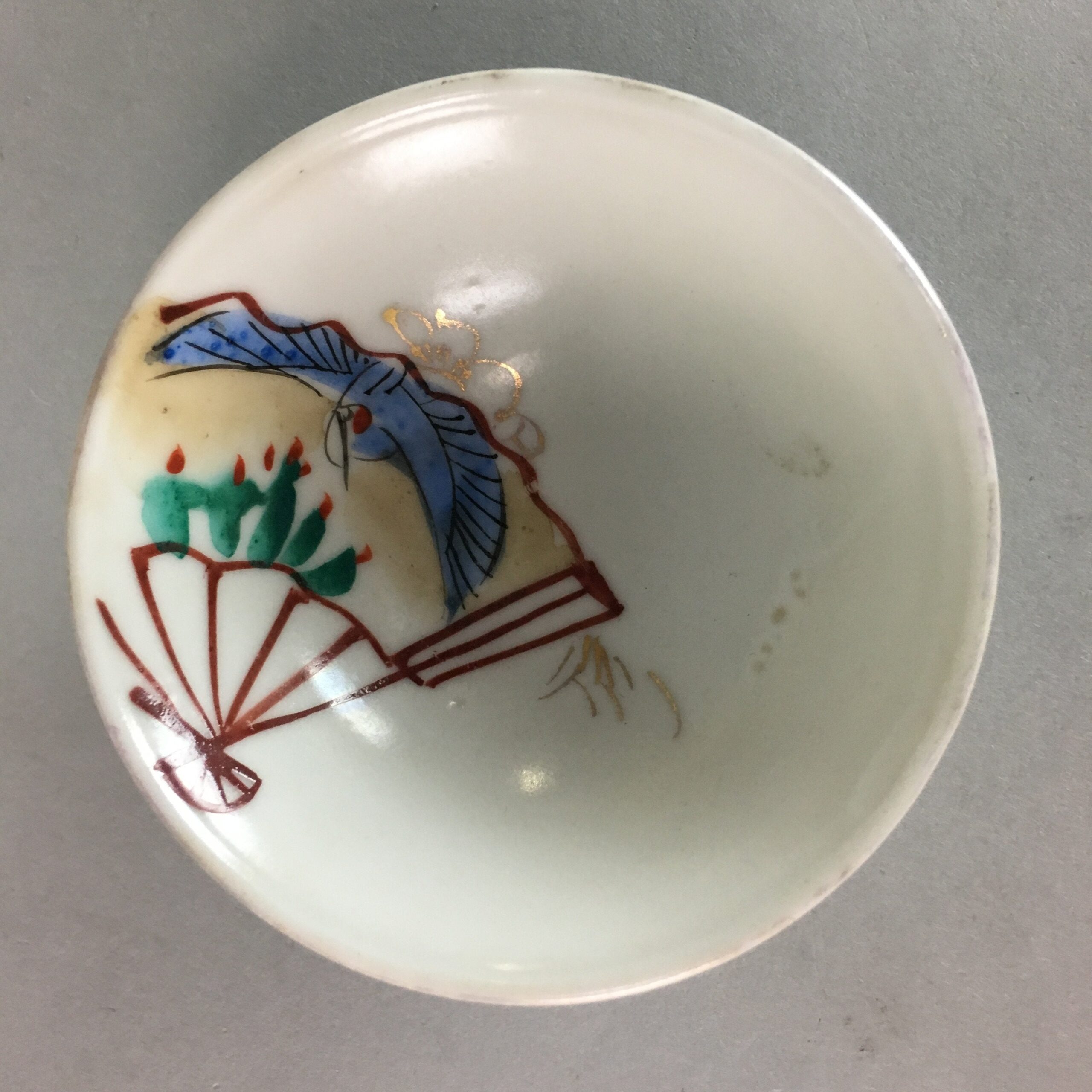 Japanese Porcelain Sake Cup Vtg Guinomi Sakazuki Folding Fan Design GU617