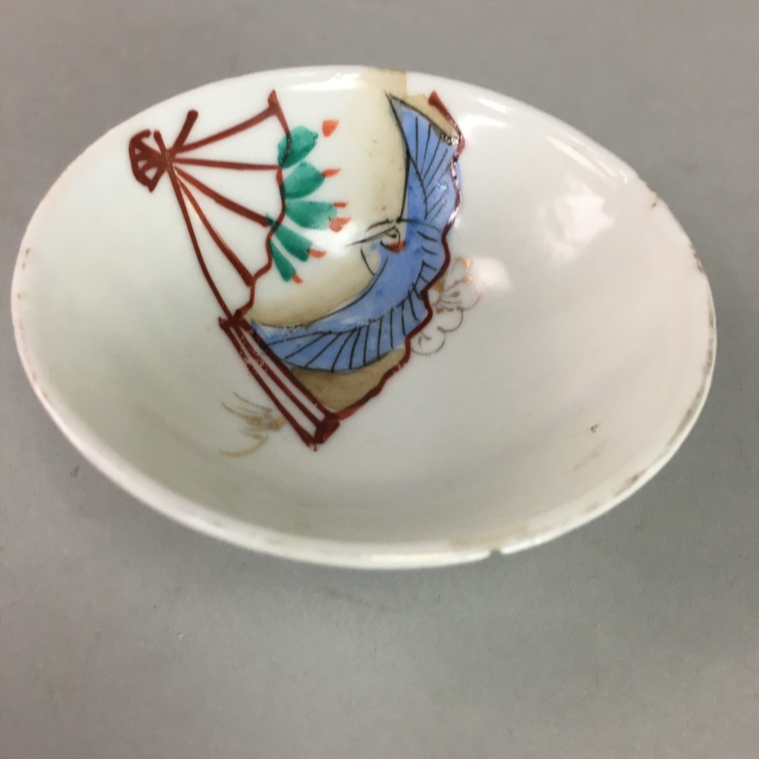 Japanese Porcelain Sake Cup Vtg Guinomi Sakazuki Folding Fan Design GU619