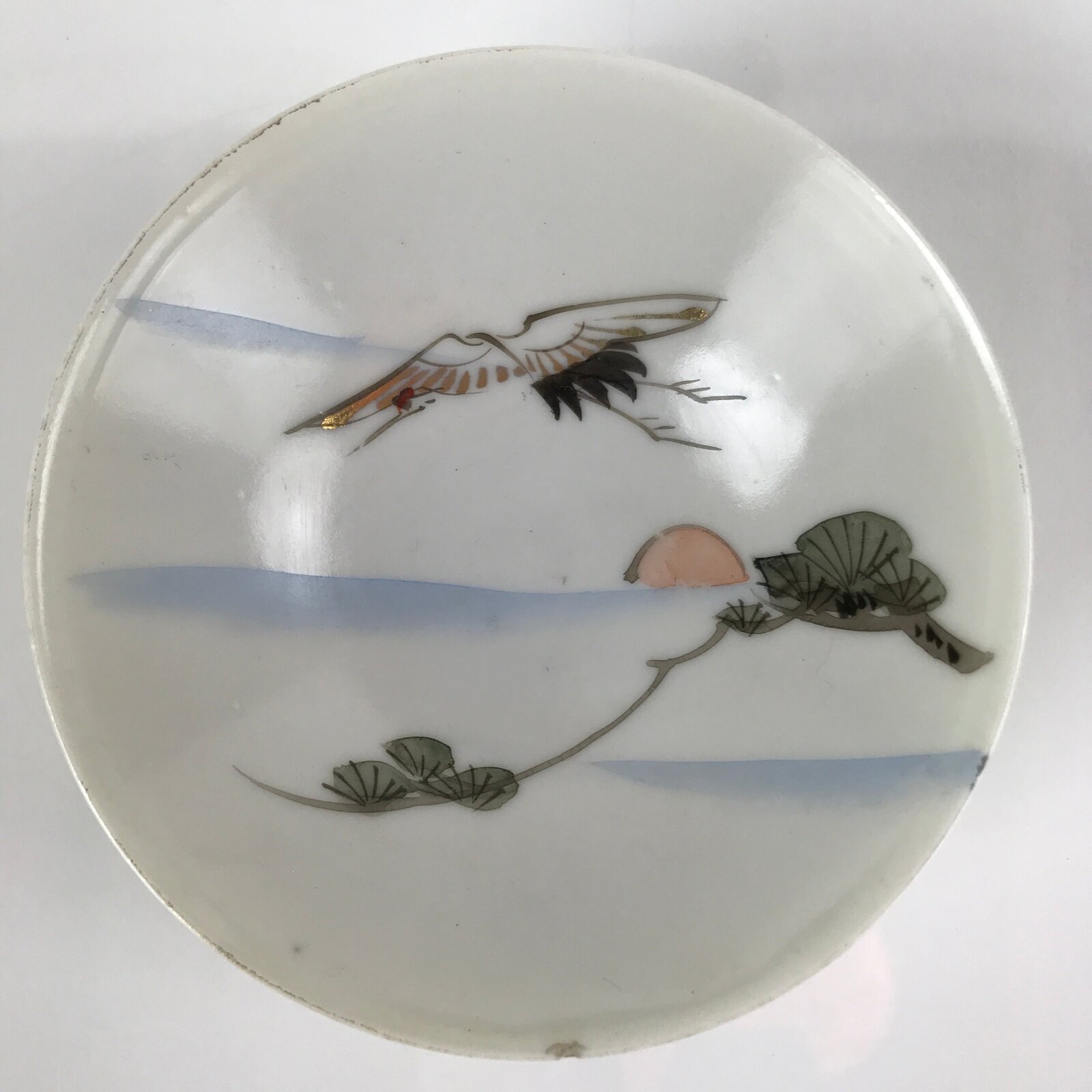 Japanese Porcelain Sake Cup Vtg Sakazuki Guinomi Crane Sunrise Pine White G198
