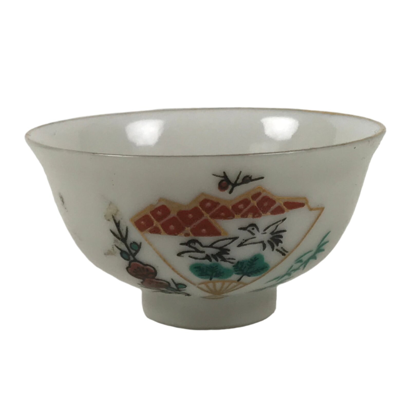 Japanese Porcelain Sake Cup Vtg Tsubomi Ochoko Folding Fan Shochikubai Bird G295