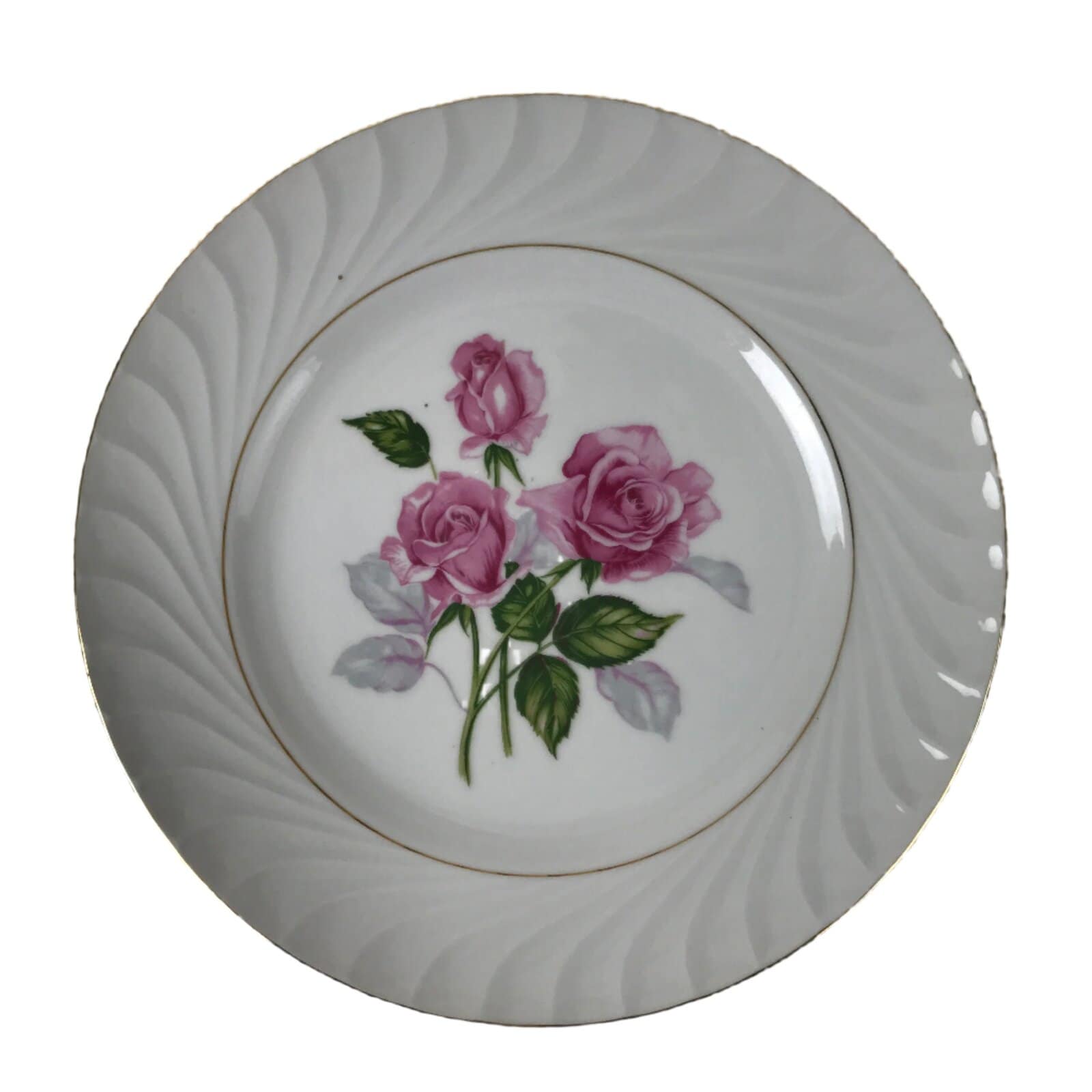 Japanese Porcelain Serving Plate Vtg Round Large Pink Rose Floral Leaf Y263