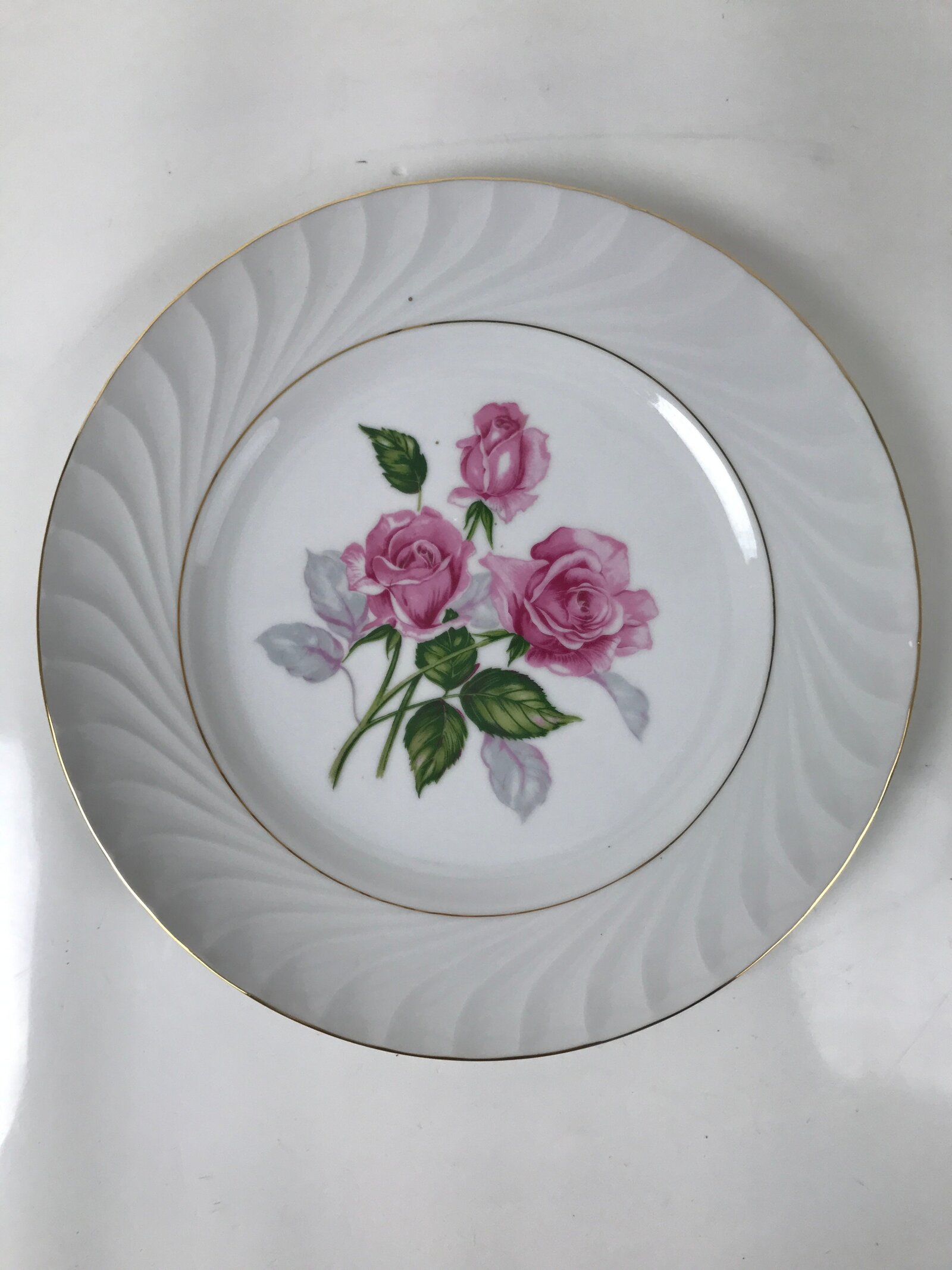 Japanese Porcelain Serving Plate Vtg Round Large Pink Rose Floral Leaf Y263