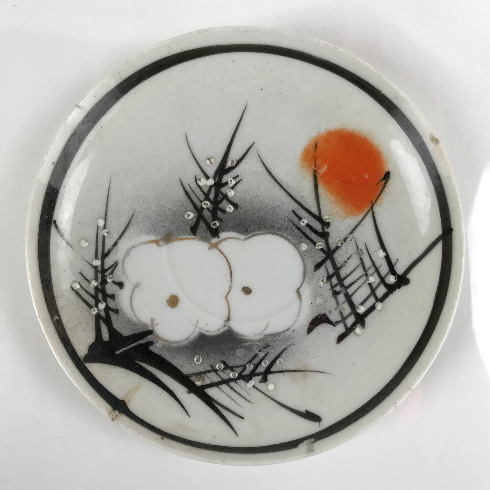 Japanese Porcelain Small Plate Kozara Vtg Plum Blossom Sun Black White PY683
