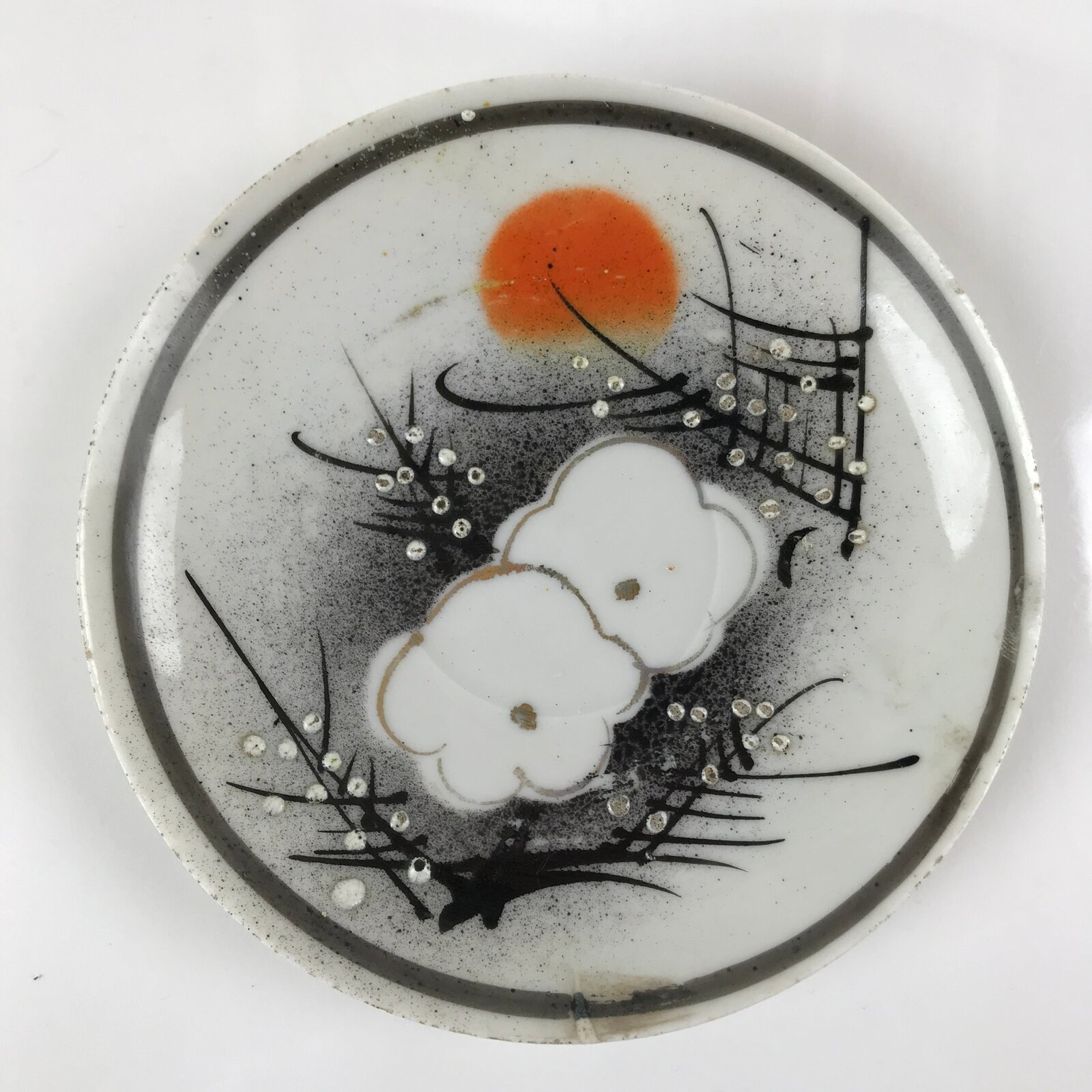 Japanese Porcelain Small Plate Kozara Vtg Plum Blossom Sun Black White PY684