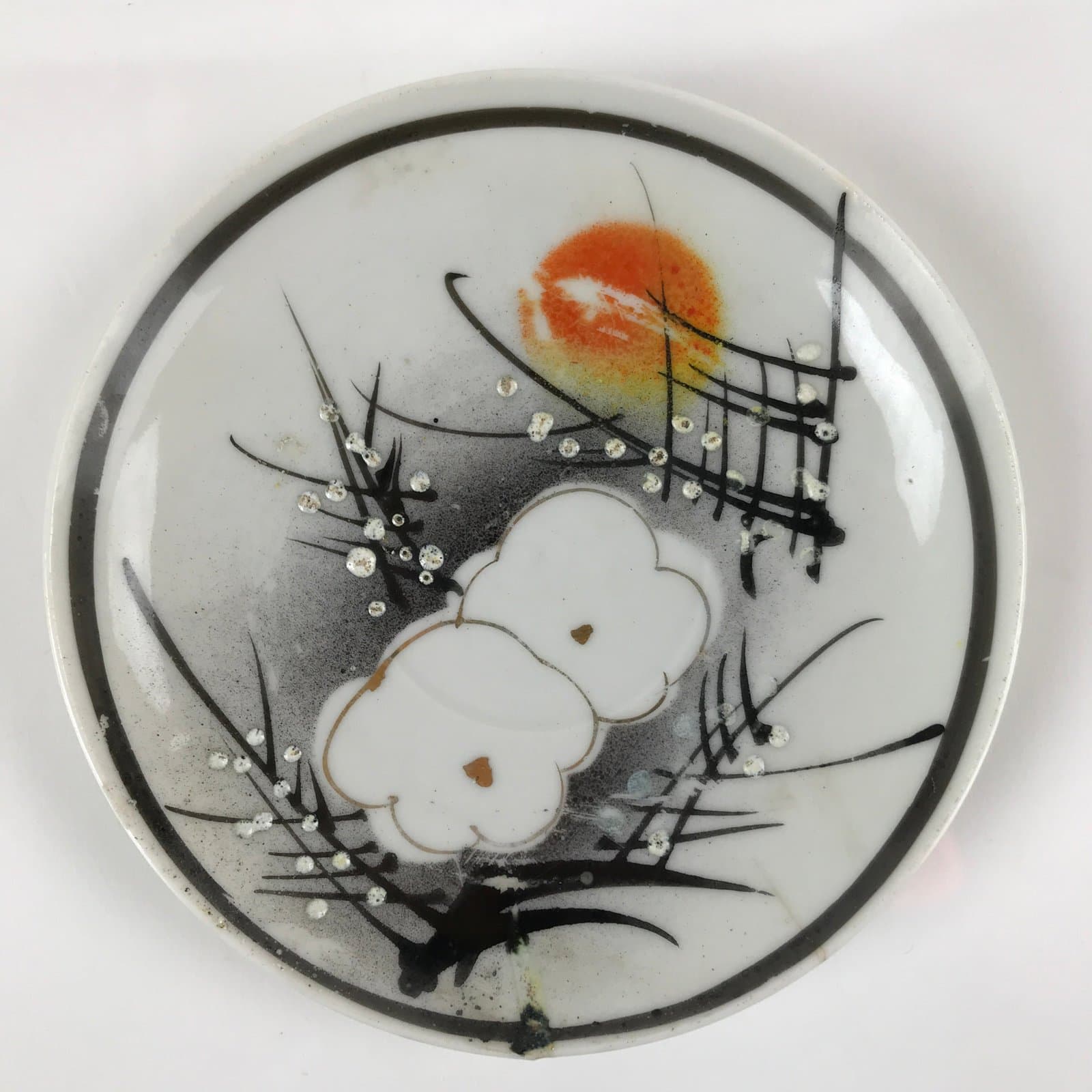 Japanese Porcelain Small Plate Kozara Vtg Plum Blossom Sun Black White PY685