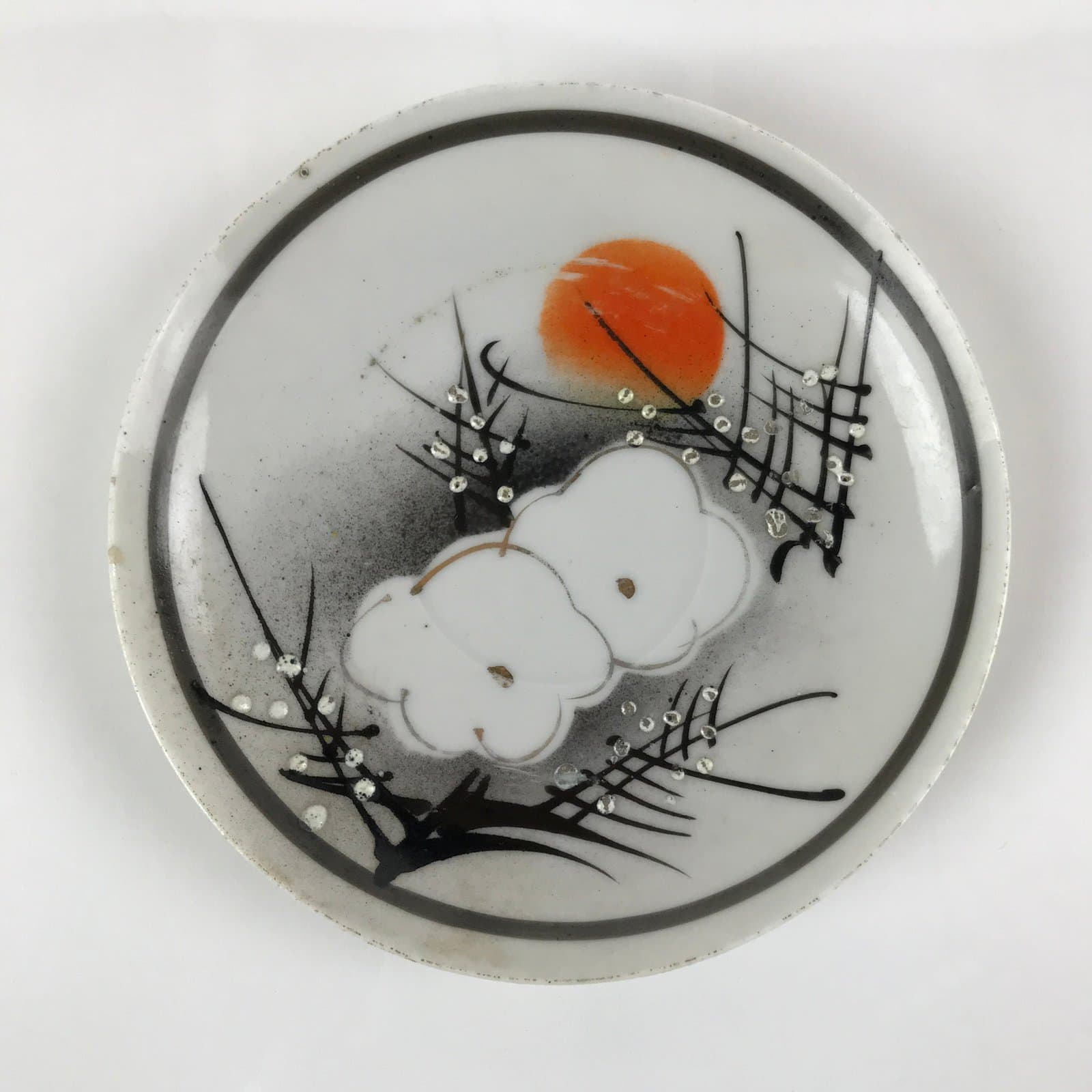 Japanese Porcelain Small Plate Kozara Vtg Plum Blossom Sun Black White PY687