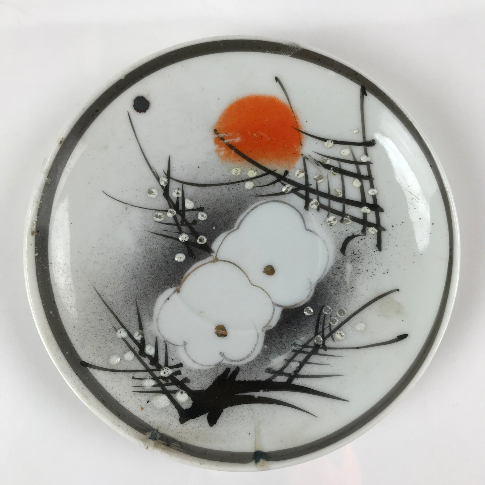 Japanese Porcelain Small Plate Kozara Vtg Plum Blossom Sun Black White PY688