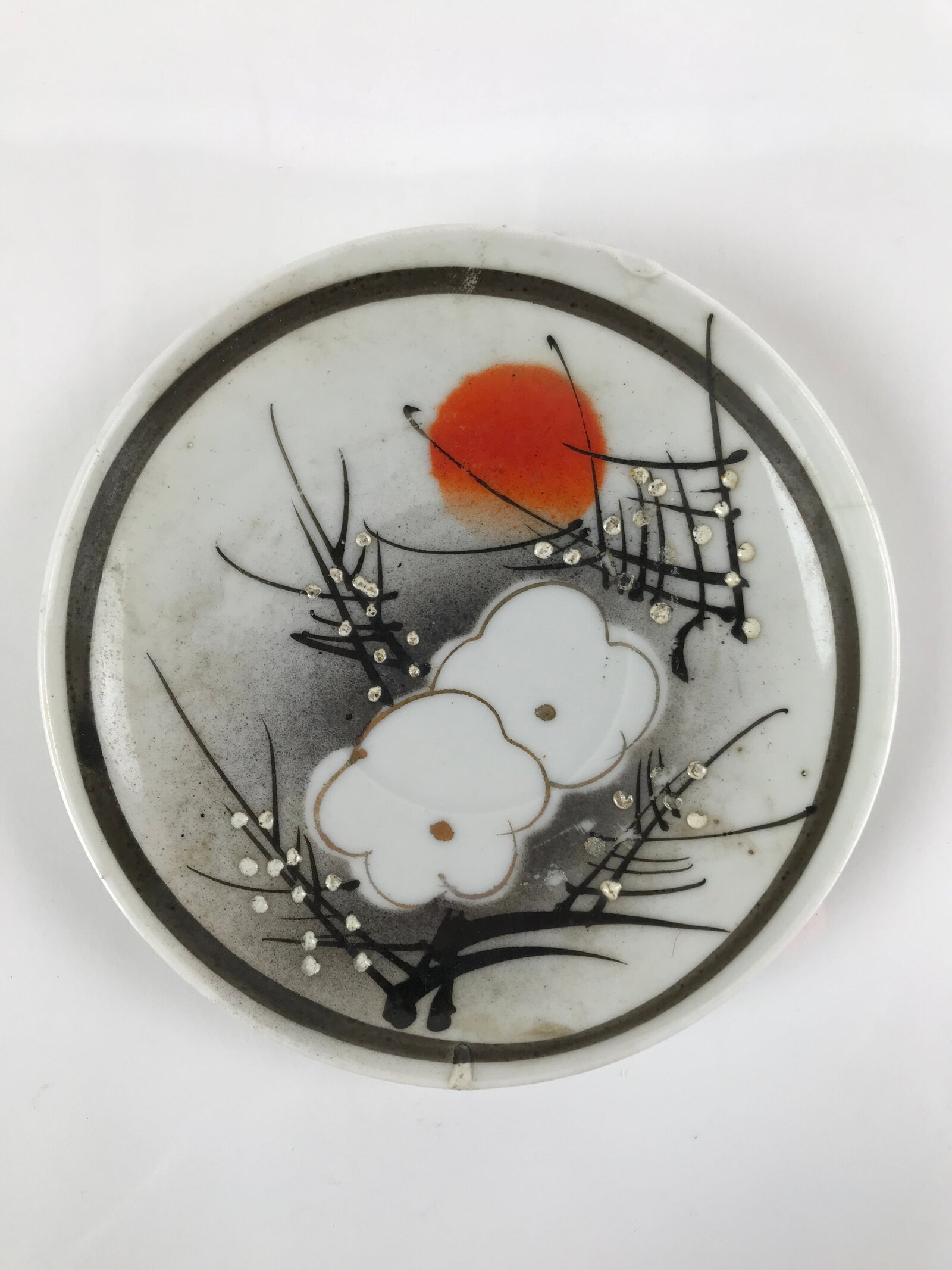 Japanese Porcelain Small Plate Kozara Vtg Plum Blossom Sun Black White PY691