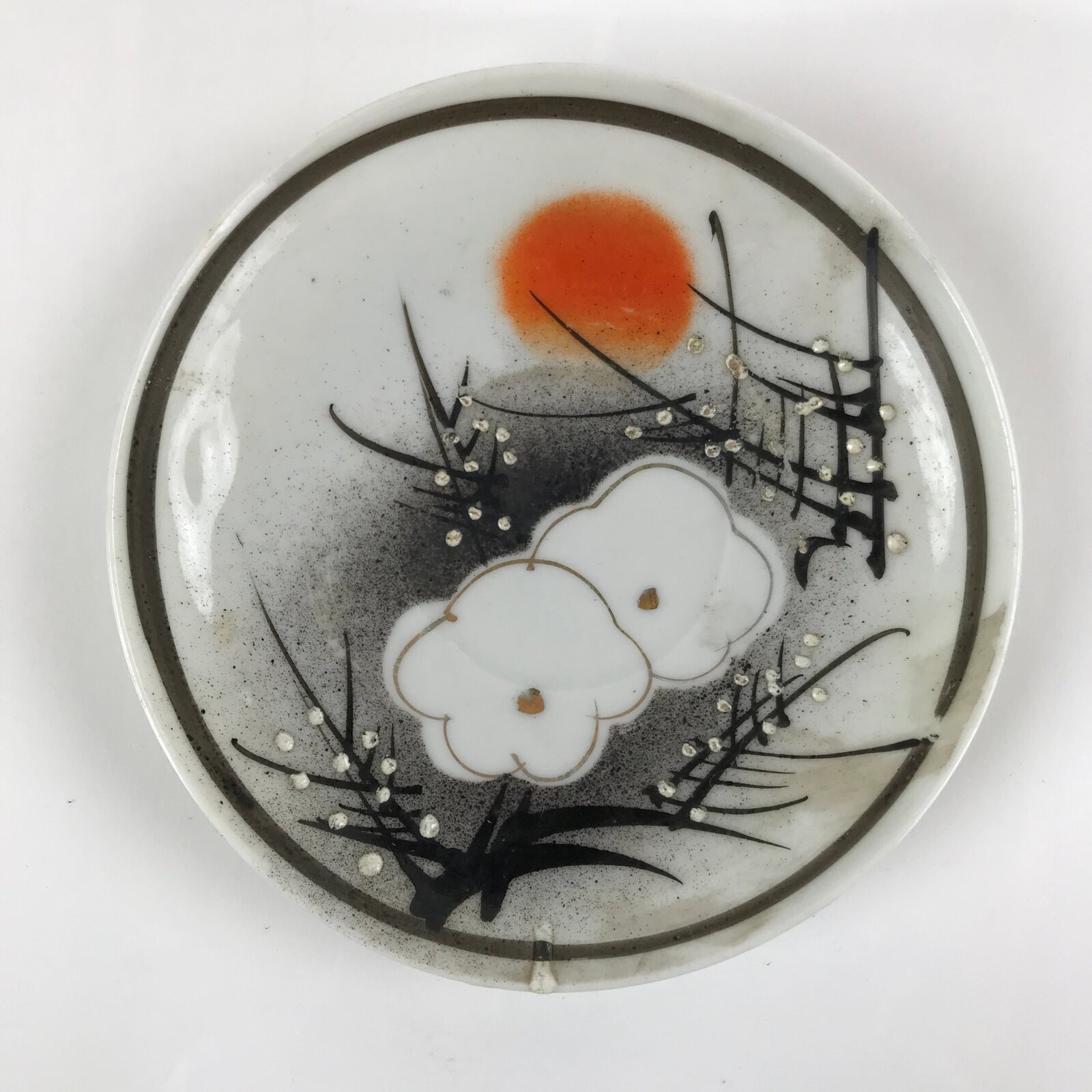 Japanese Porcelain Small Plate Kozara Vtg Plum Blossom Sun Black White PY692