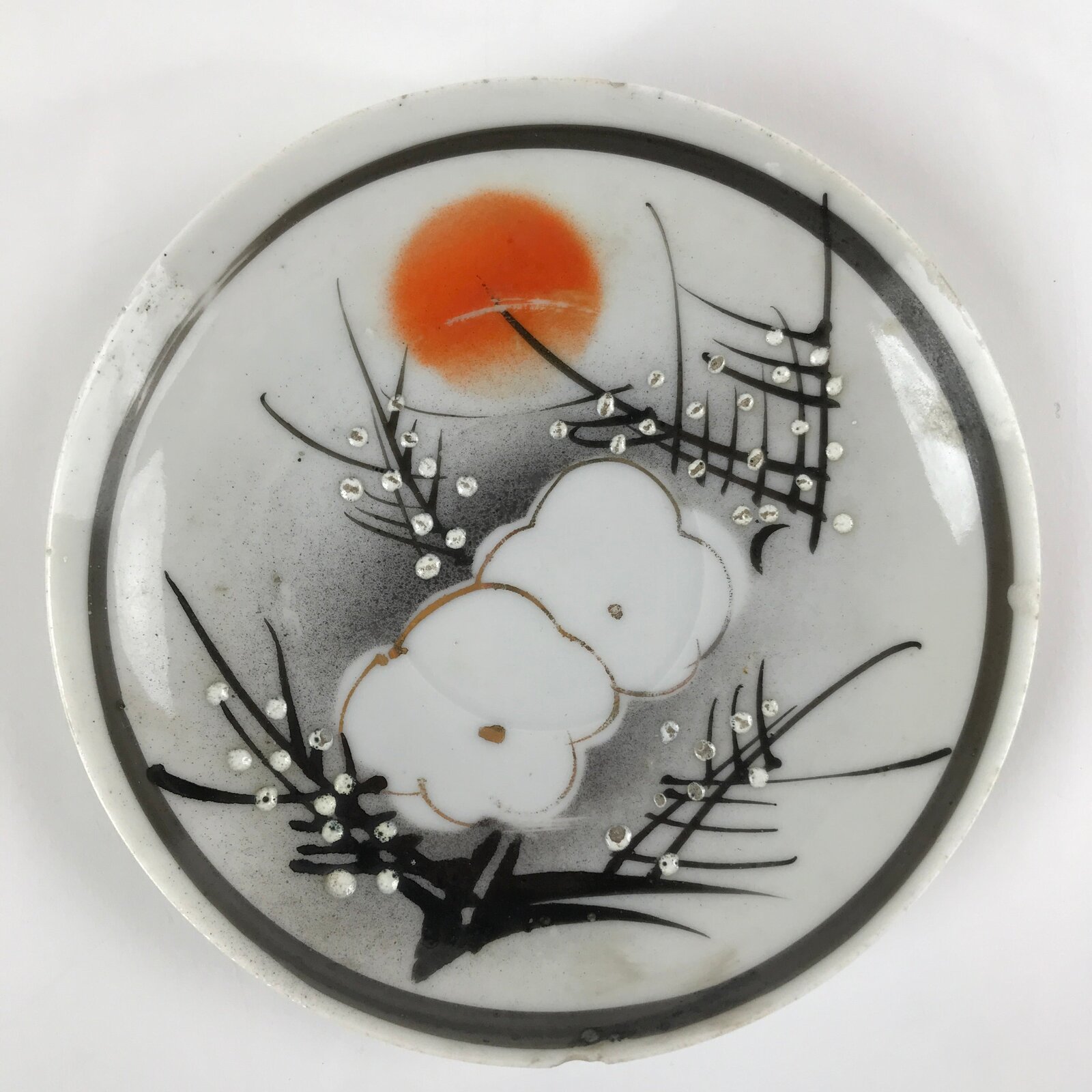 Japanese Porcelain Small Plate Kozara Vtg Plum Blossom Sun Black White PY693