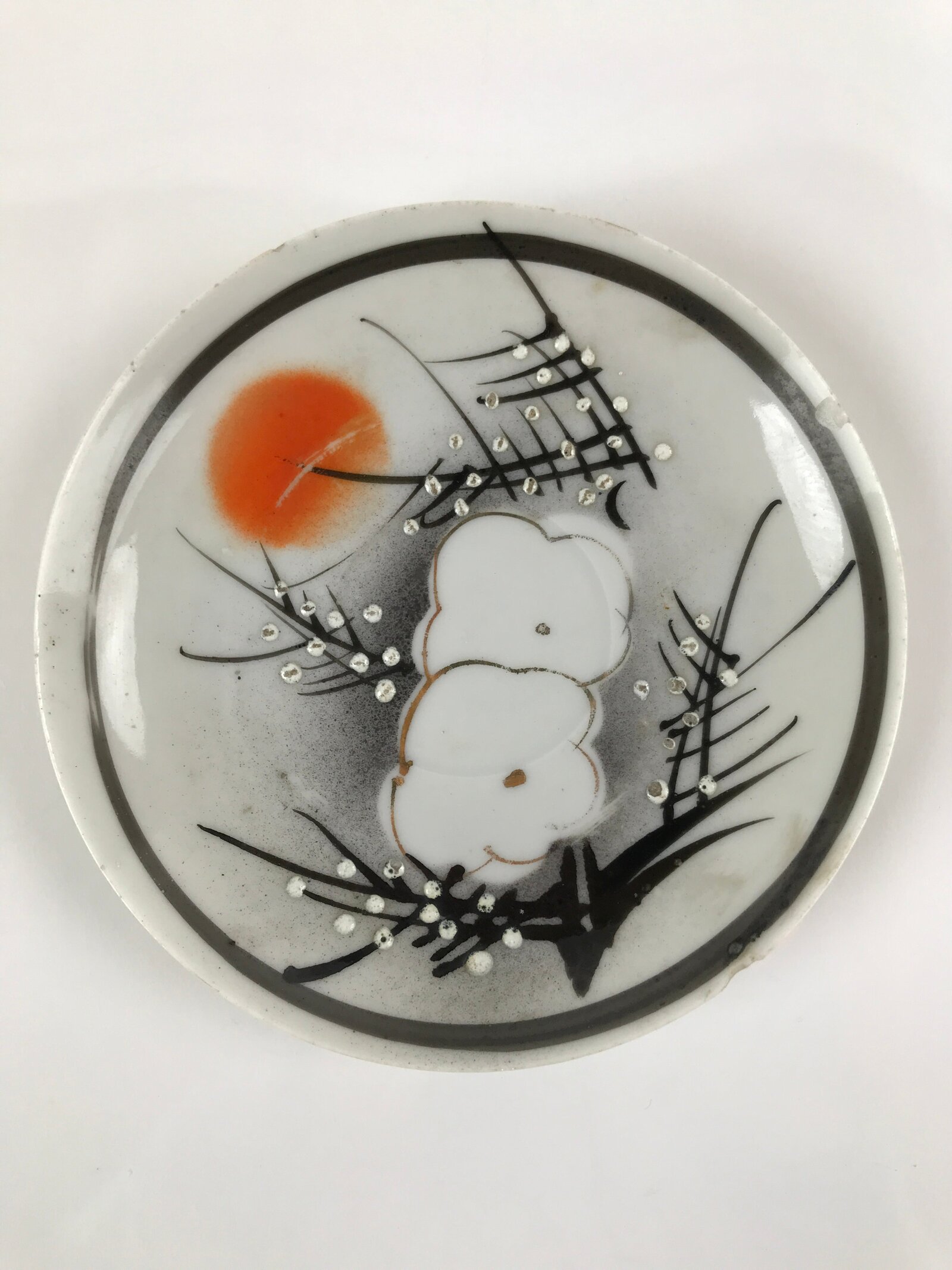 Japanese Porcelain Small Plate Kozara Vtg Plum Blossom Sun Black White PY693