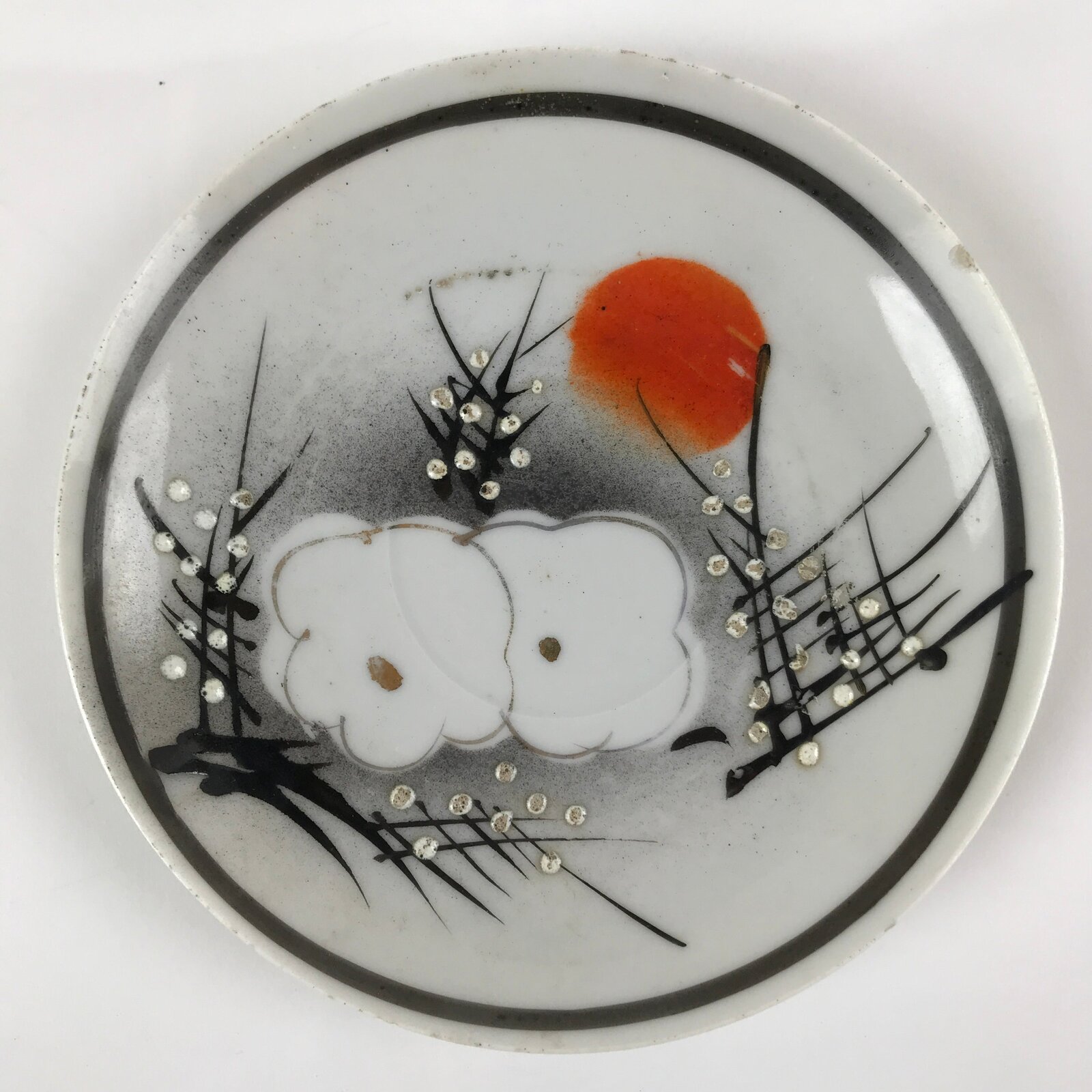Japanese Porcelain Small Plate Kozara Vtg Plum Blossom Sun Black White PY713