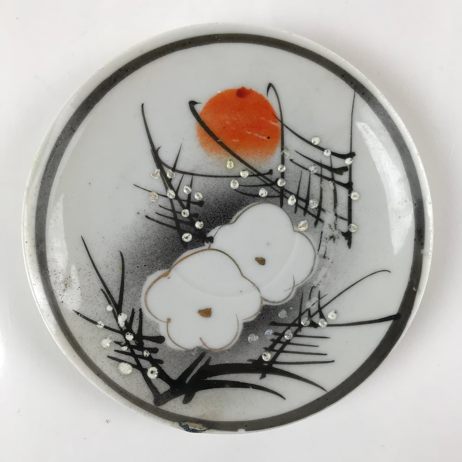 Japanese Porcelain Small Plate Kozara Vtg Plum Blossom Sun Black White PY713