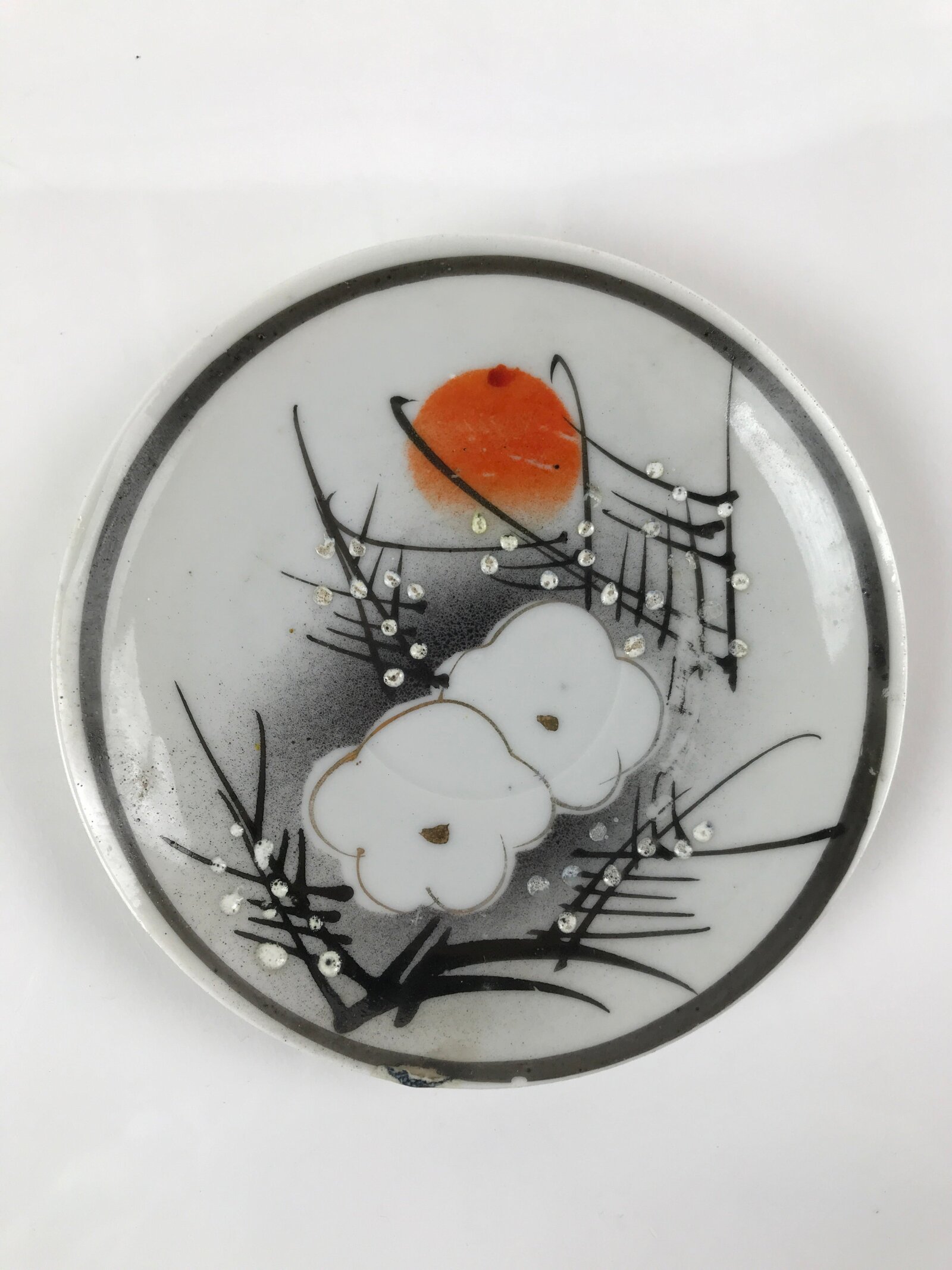 Japanese Porcelain Small Plate Kozara Vtg Plum Blossom Sun Black White PY714