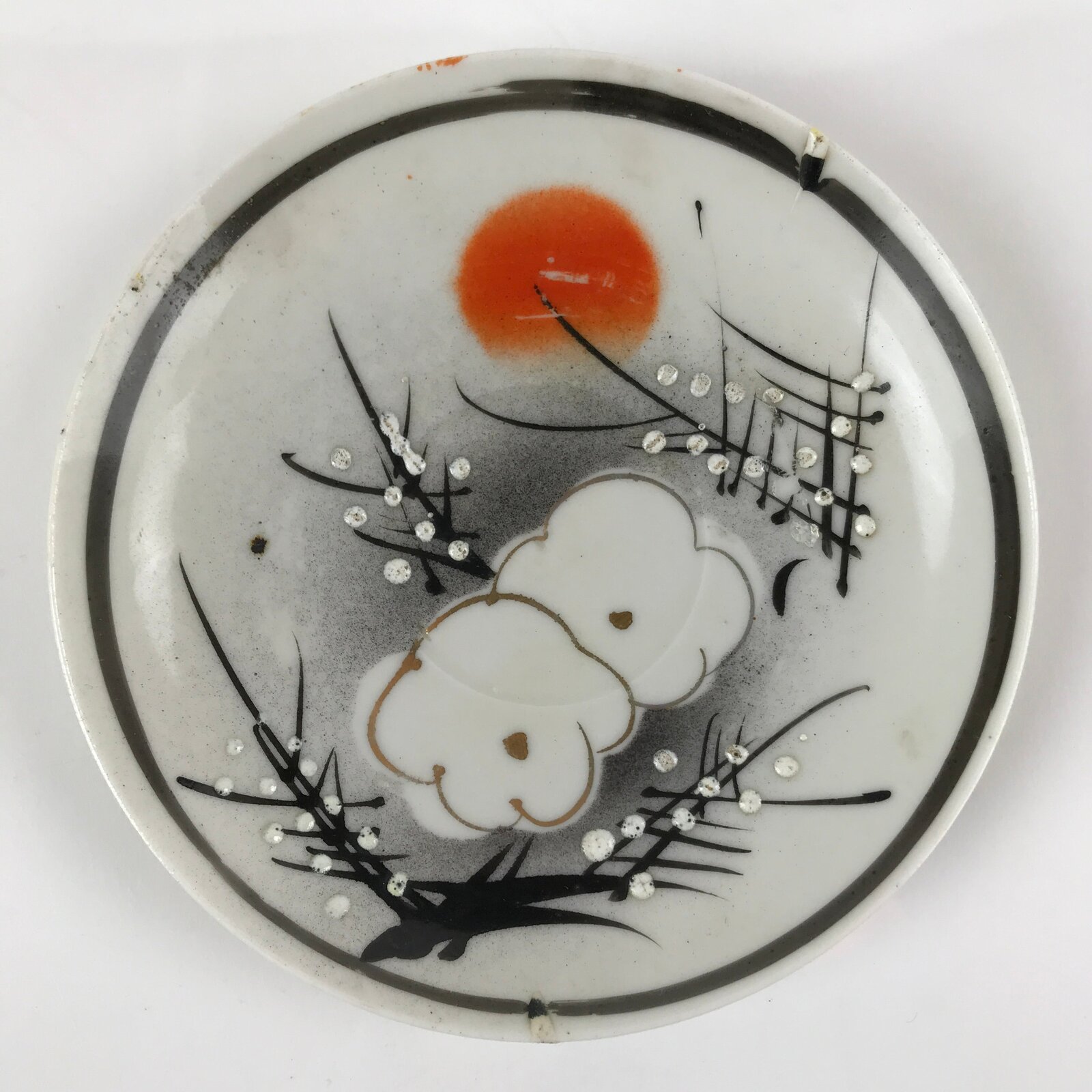 Japanese Porcelain Small Plate Kozara Vtg Plum Blossom Sun Black White PY716