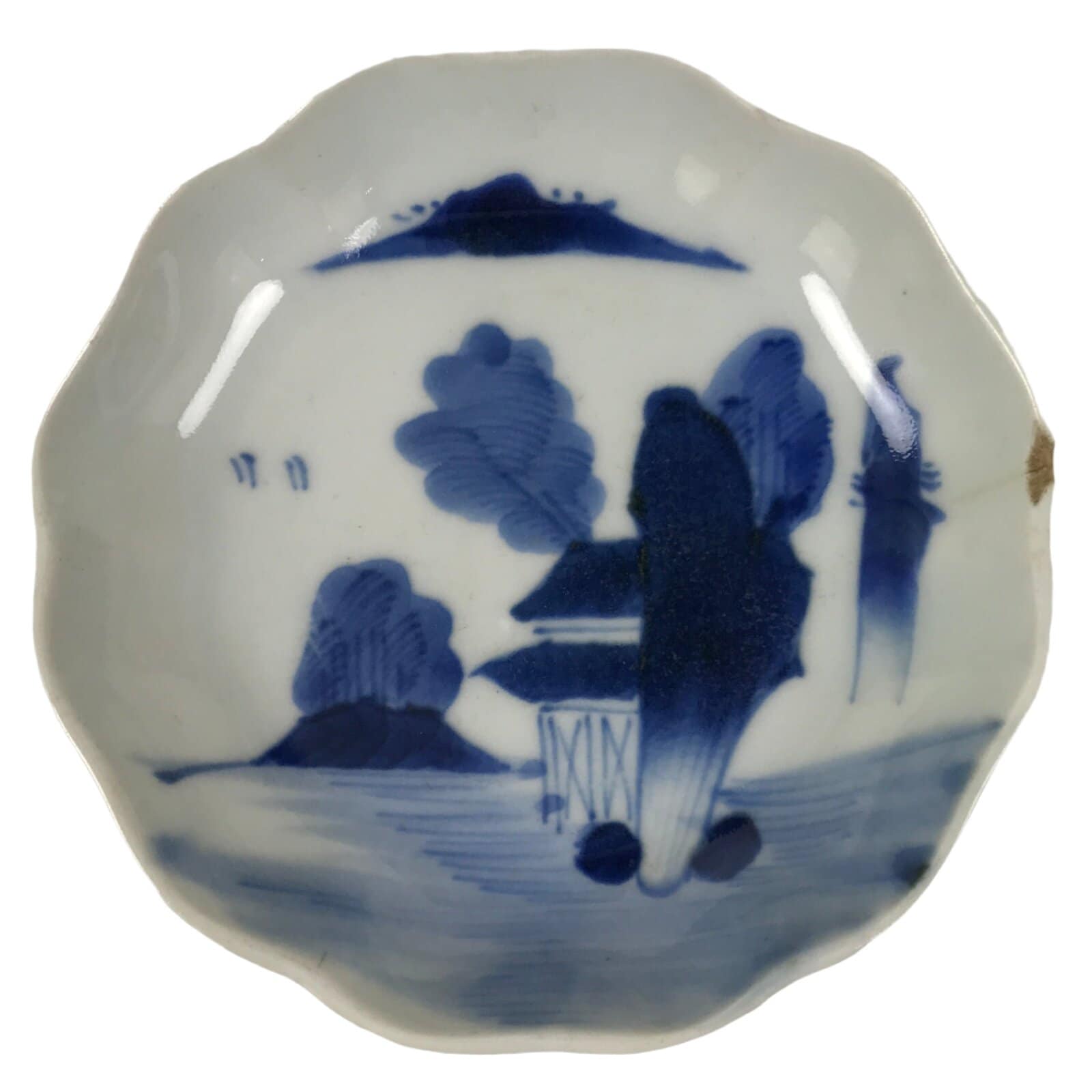 Japanese Porcelain Small Plate Mamezara Vtg Side Dish Blue White Seaside Y485
