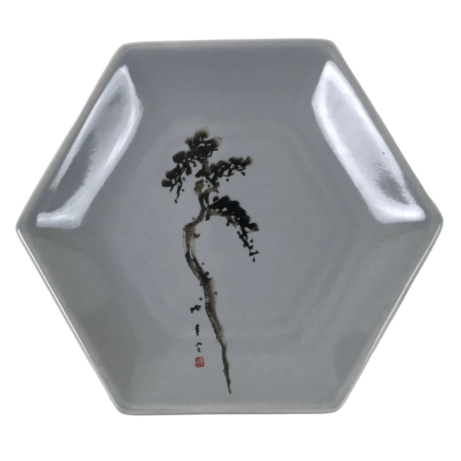 Japanese Porcelain Small Serving Plate Meimeizara Hexagon Pine Tree Gray Y216