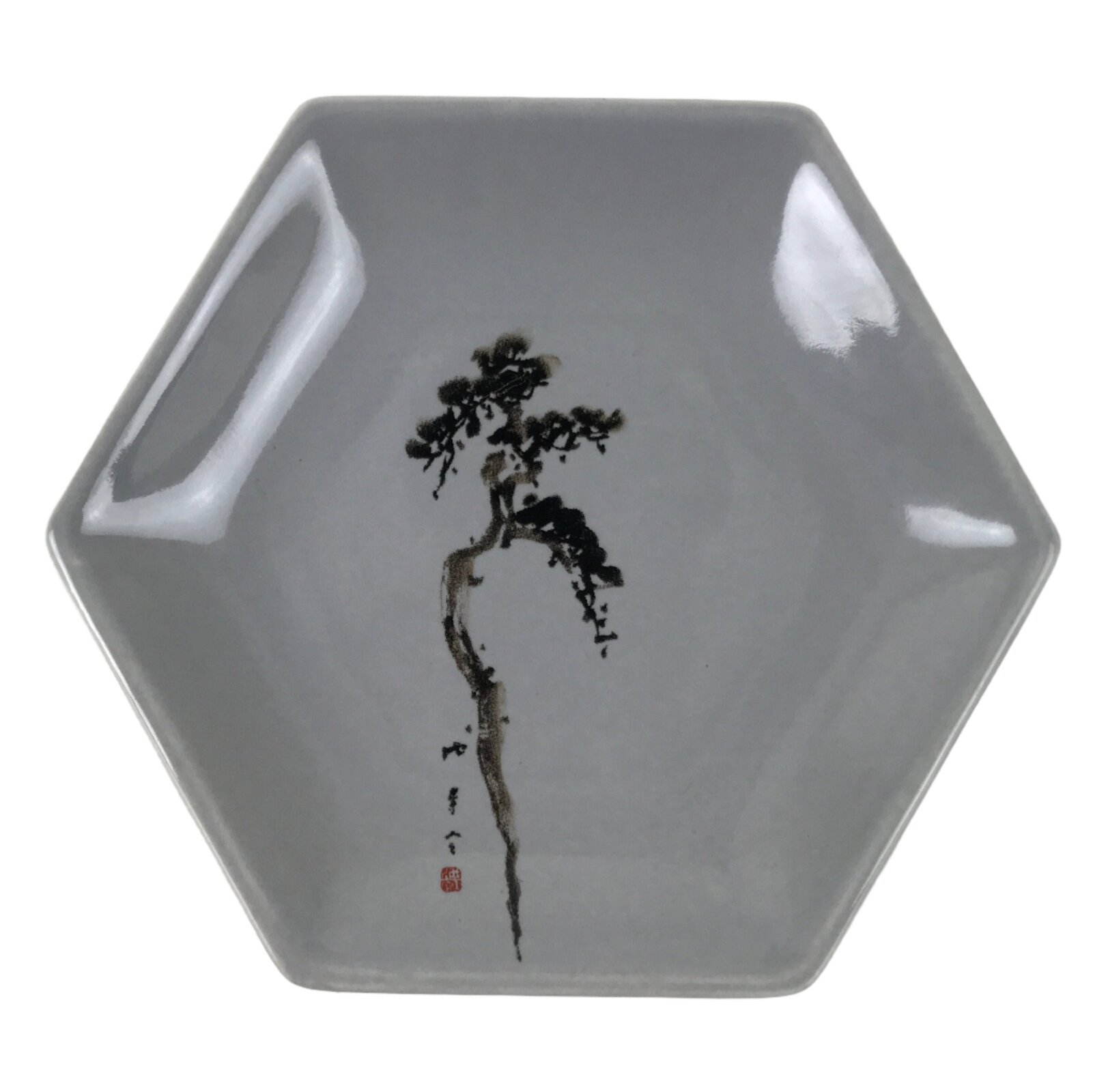 Japanese Porcelain Small Serving Plate Meimeizara Hexagon Pine Tree Gray Y217