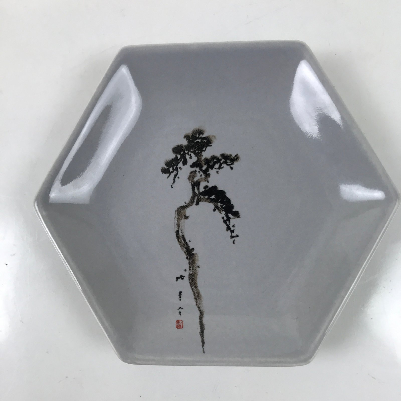 Japanese Porcelain Small Serving Plate Meimeizara Hexagon Pine Tree Gray Y217
