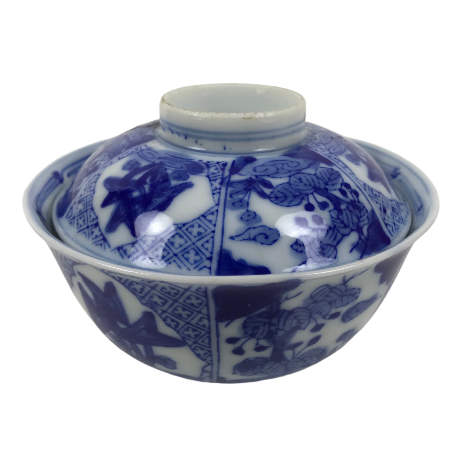 Japanese Porcelain Sometsuke Lidded Bowl Owan Vtg Pottery White Blue Floral Y298