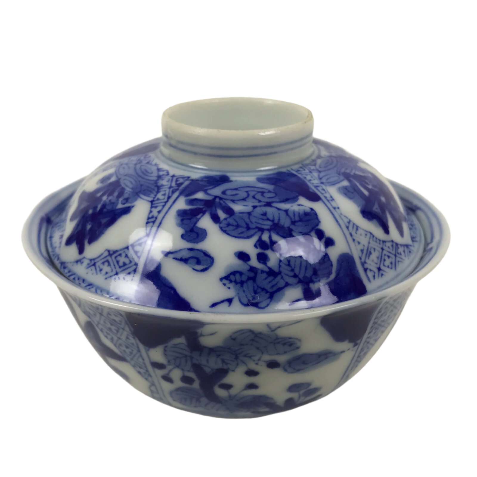 Japanese Porcelain Sometsuke Lidded Bowl Owan Vtg Pottery White Blue Floral Y299