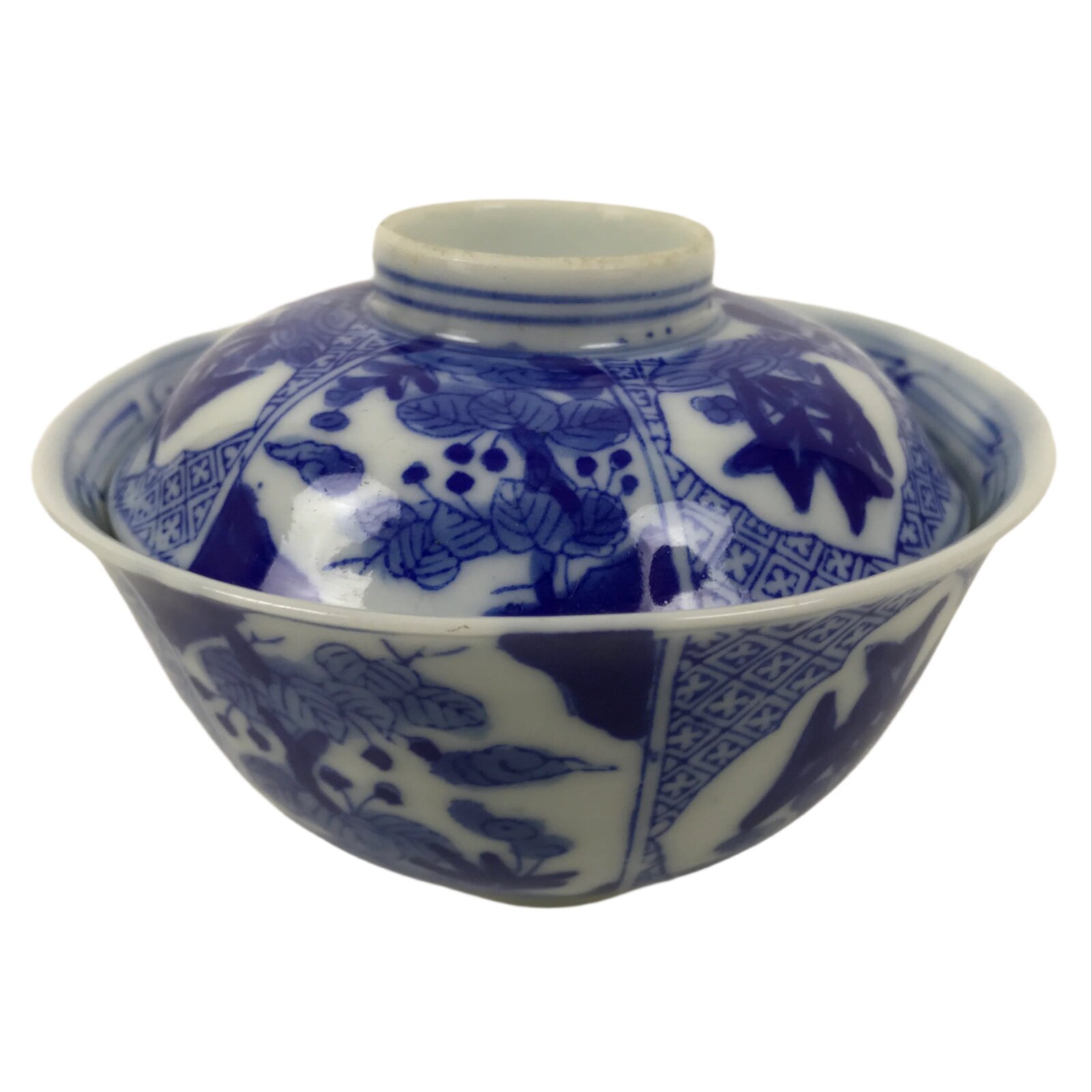 Japanese Porcelain Sometsuke Lidded Bowl Owan Vtg Pottery White Blue Floral Y302