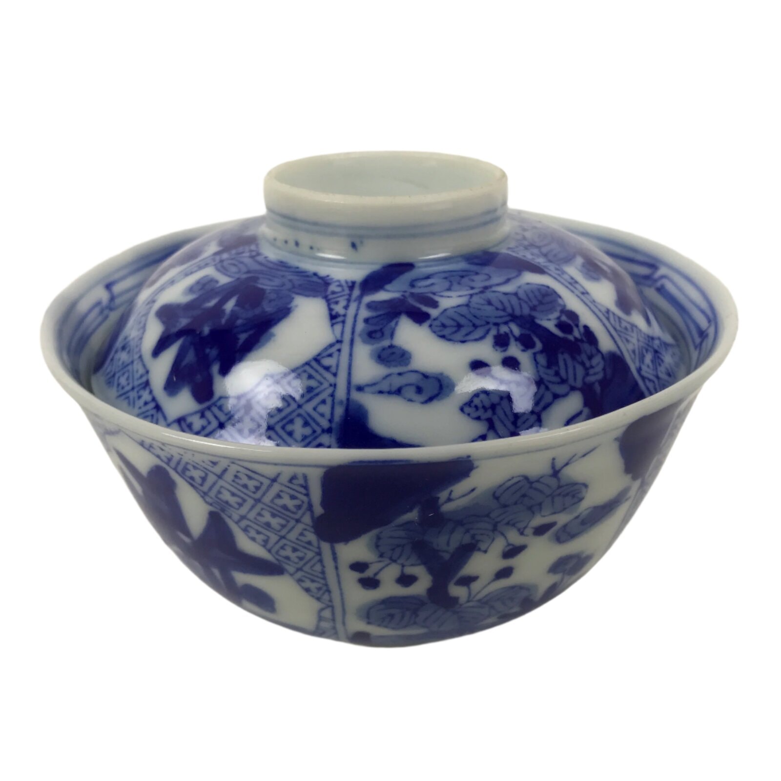 Japanese Porcelain Sometsuke Lidded Bowl Owan Vtg Pottery White Blue Floral Y305