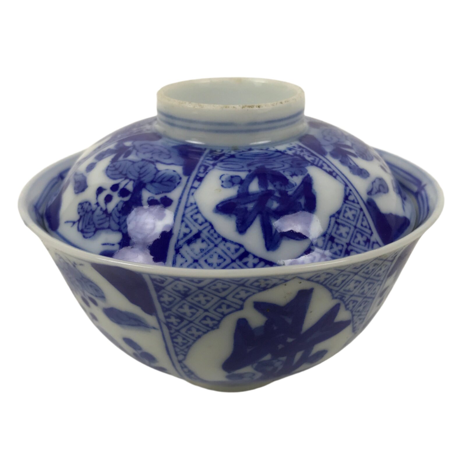 Japanese Porcelain Sometsuke Lidded Bowl Owan Vtg Pottery White Blue Floral Y306